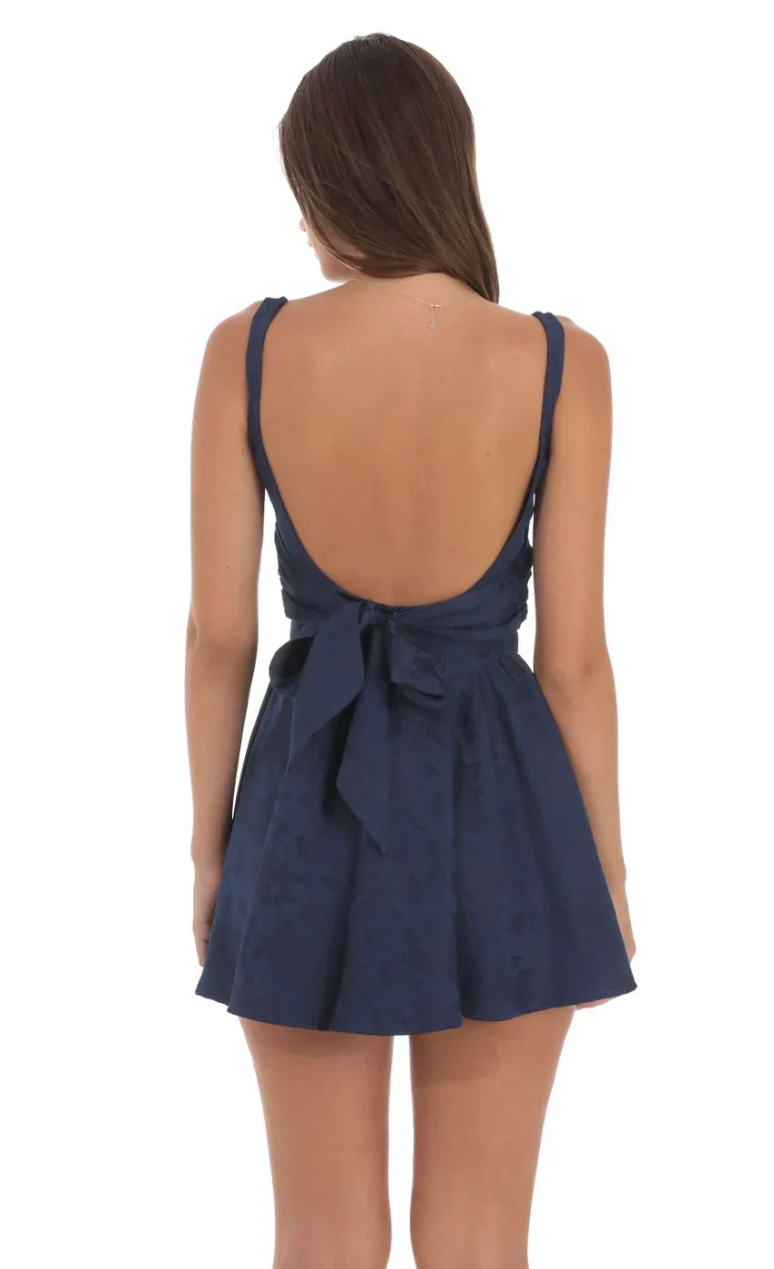 Floral Jacquard Open Back Bow Dress in Navy