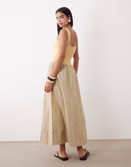 twist shoulder stripe skirt midi dress in buttermilk