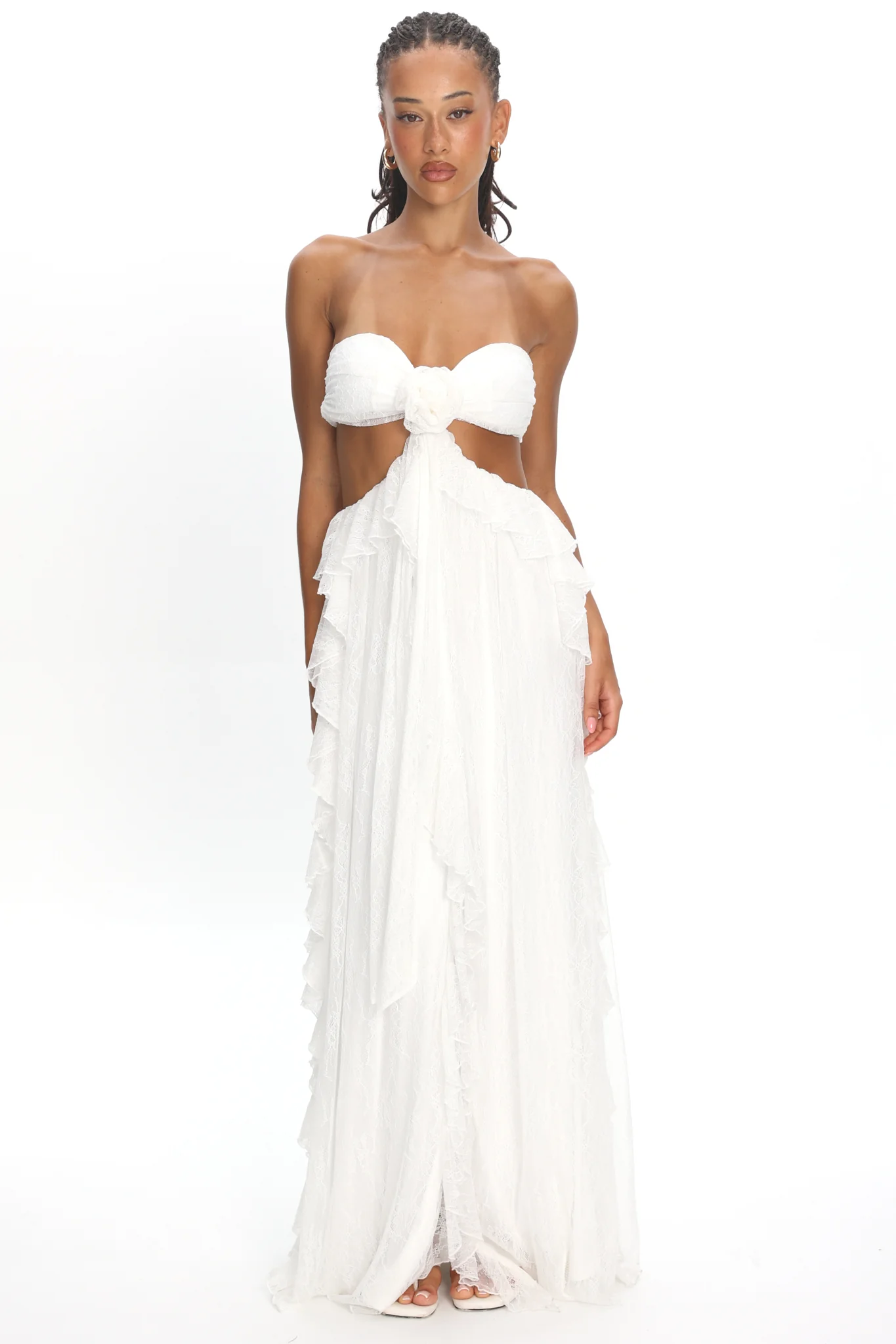 Santiago Cut-Out Ruffle Dress Lace White - luluinthesky