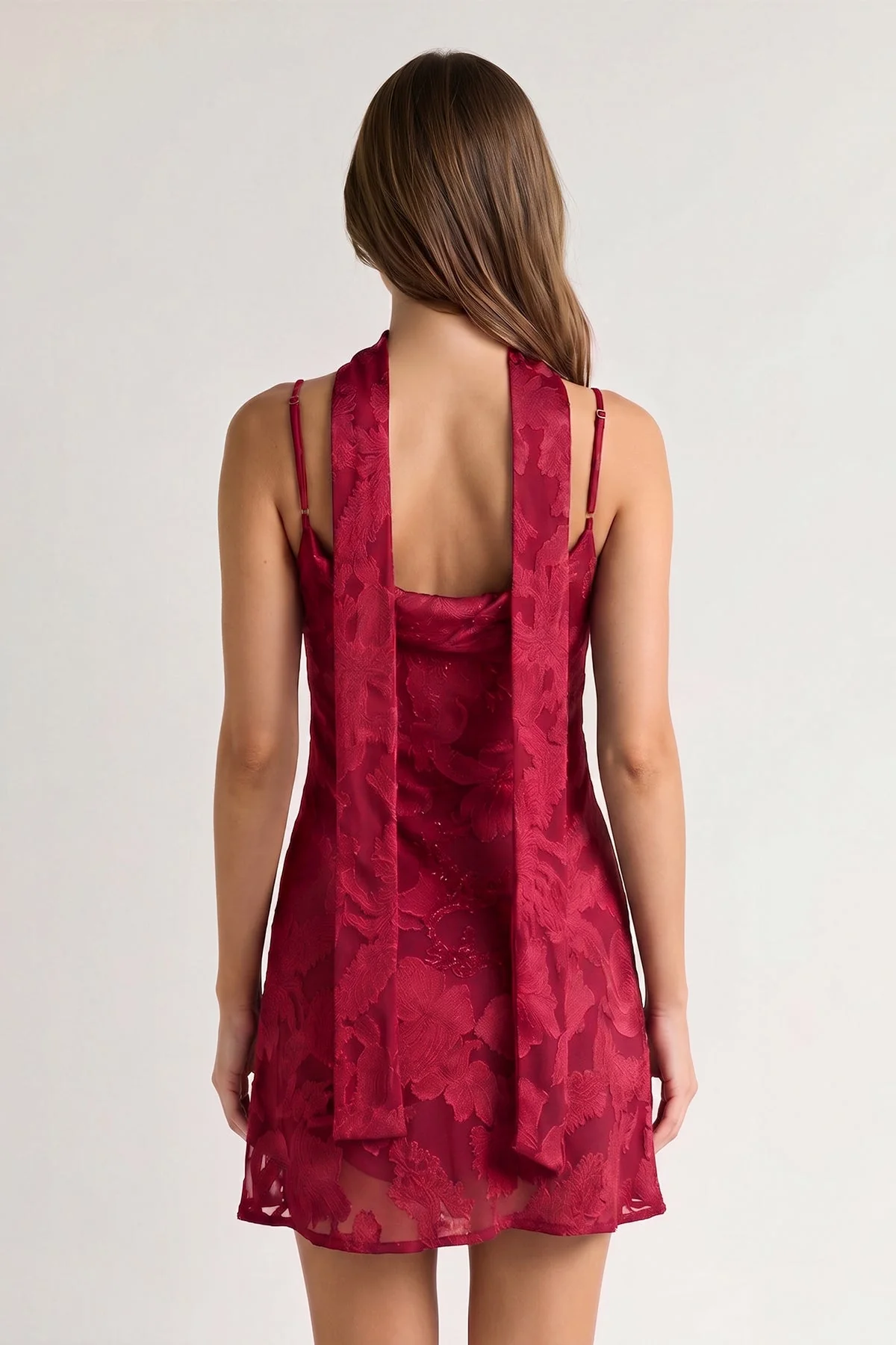 Red Jacquard Chiffon Cami Straps Sheath Homecoming Dress with Scarf