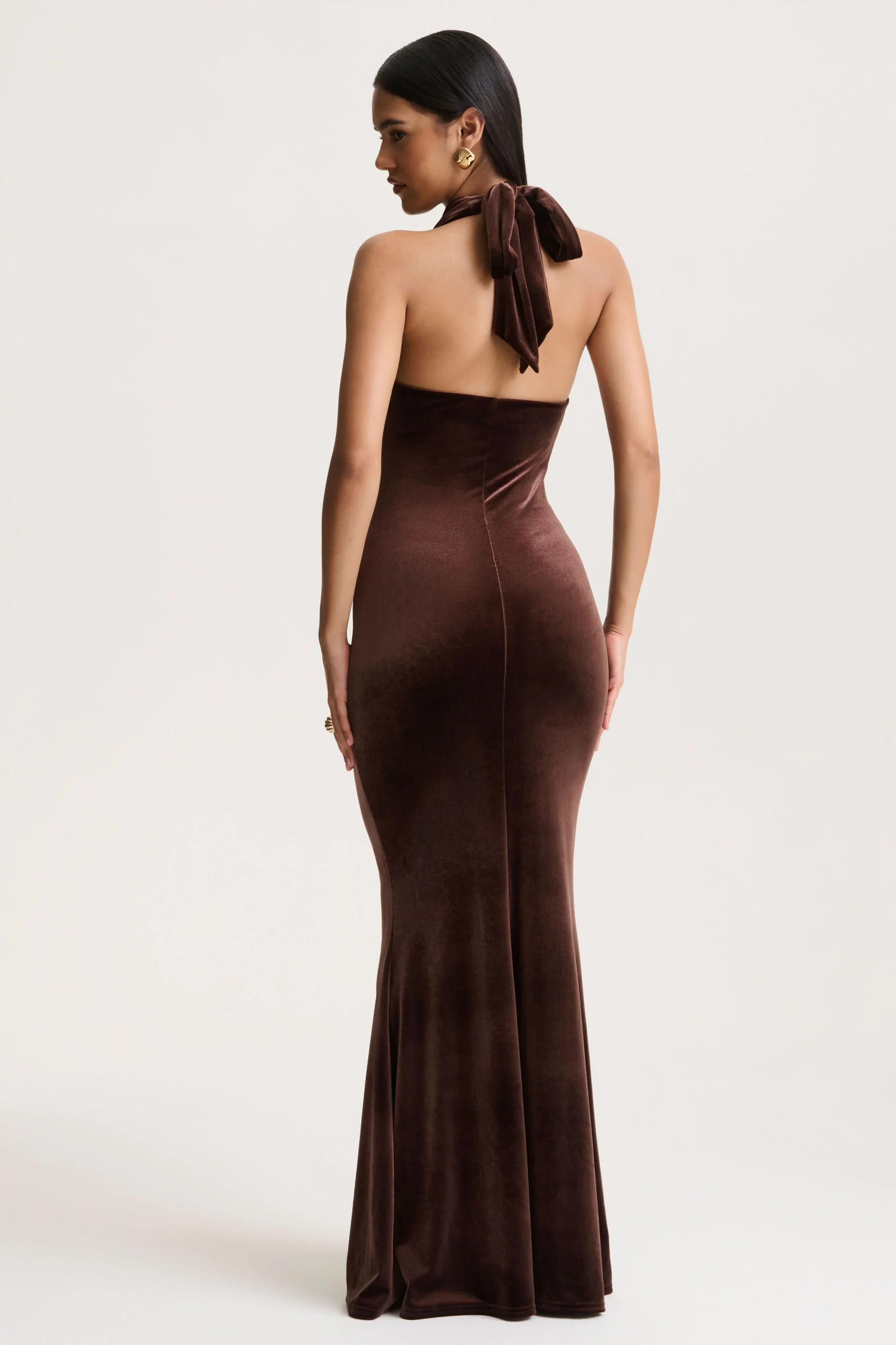 Lavernia | Brown Velvet Halter-Neck Maxi Dress With Gathered-Detailing