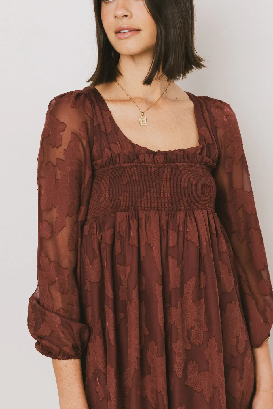 Miles Smocked Mini Dress in Red-Brown