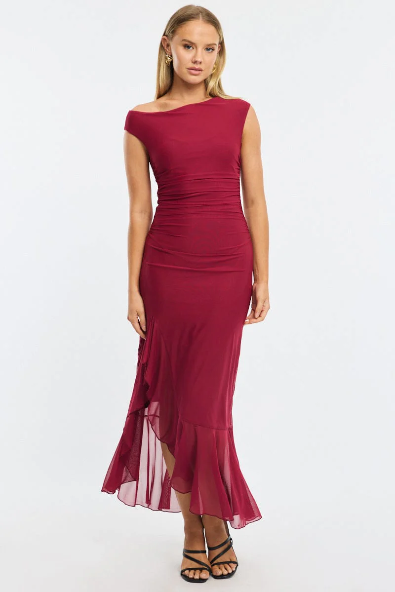 Red Maxi Dress Asymmetric Shoulder Mesh
