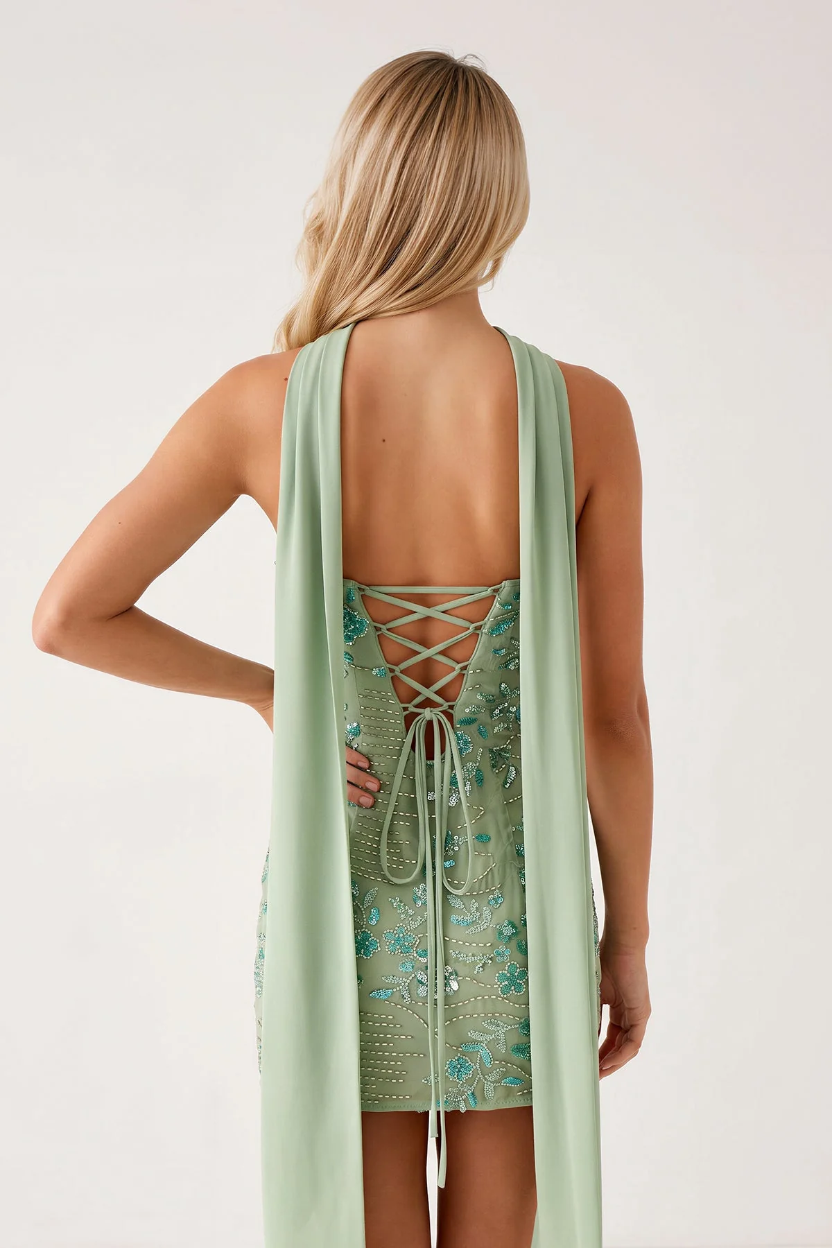 Sage Green Strapless Sheath Embroidered Tulle Homecoming Dress with Scarf