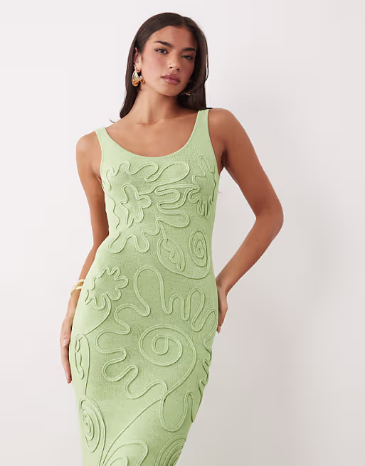 Wanderdoll Sunnie knit abstract detail tie back maxi dress in sage