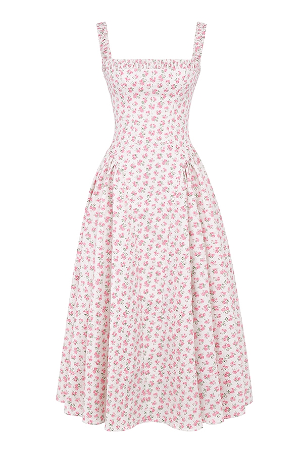 White Rosebud Print Cotton Midi Sundress
