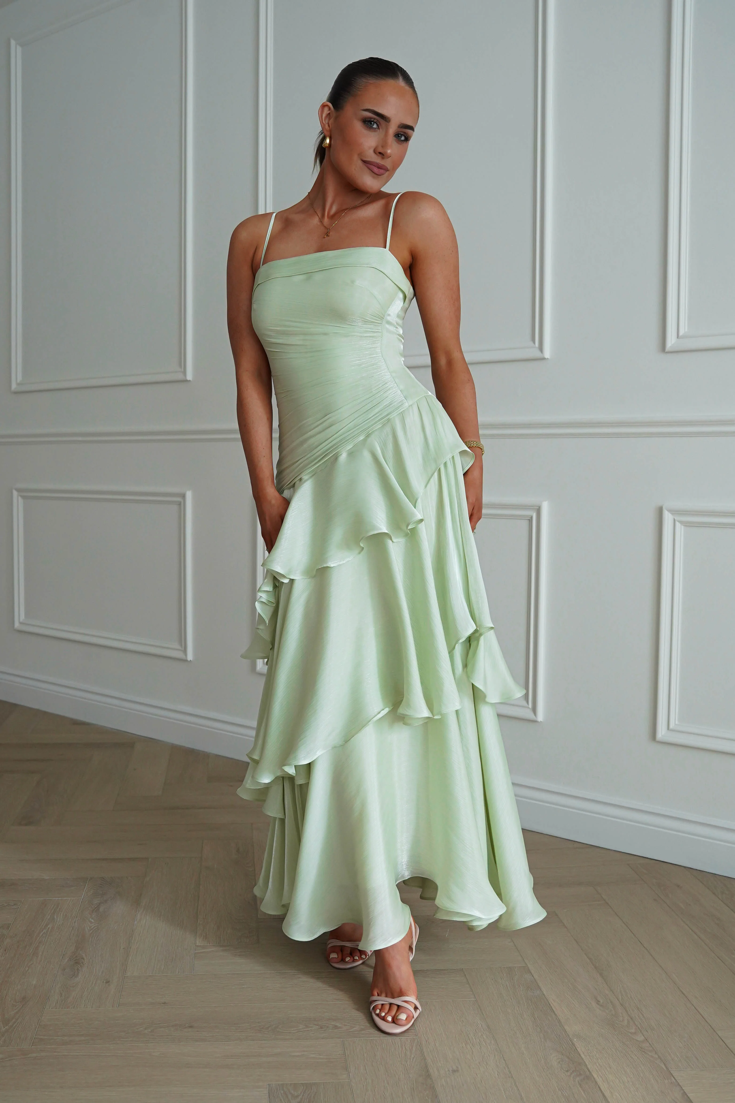 Renee Luminescent Ruffle Maxi Dress | Pistachio