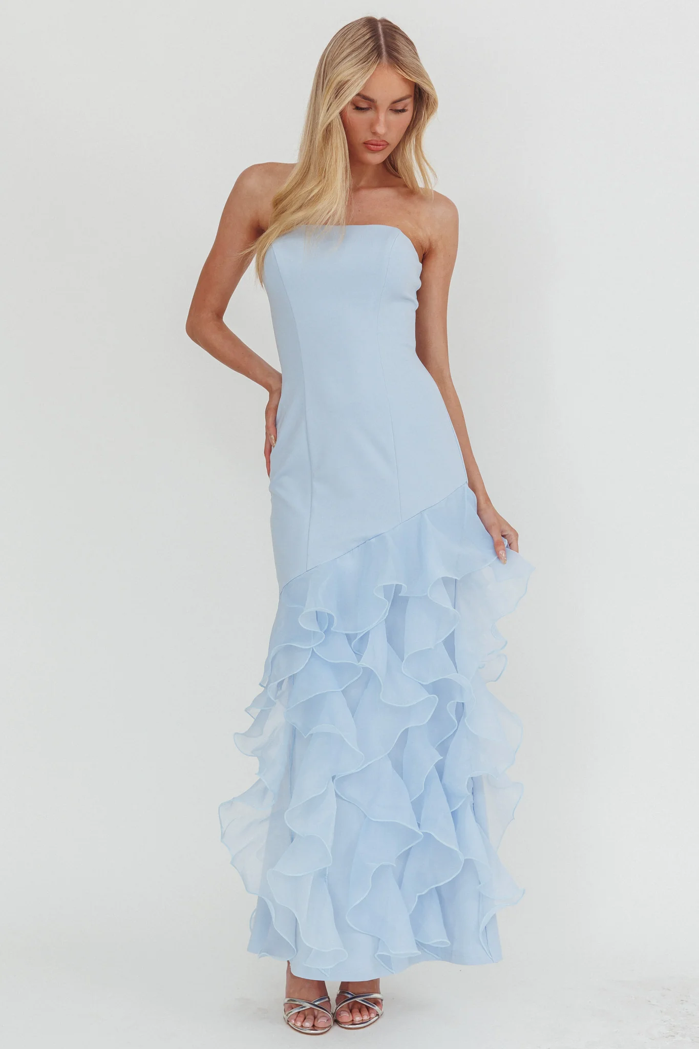 Kioto Strapless Organza Trim Maxi Dress Blue