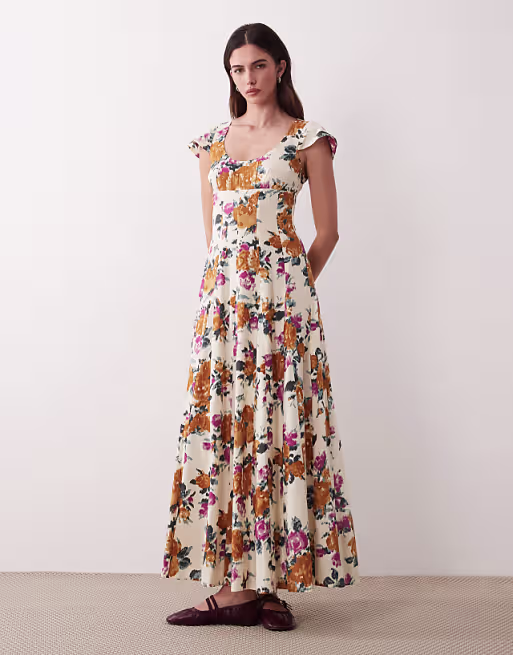 scoop neck short sleeve maxi dress with godets in multi floral print