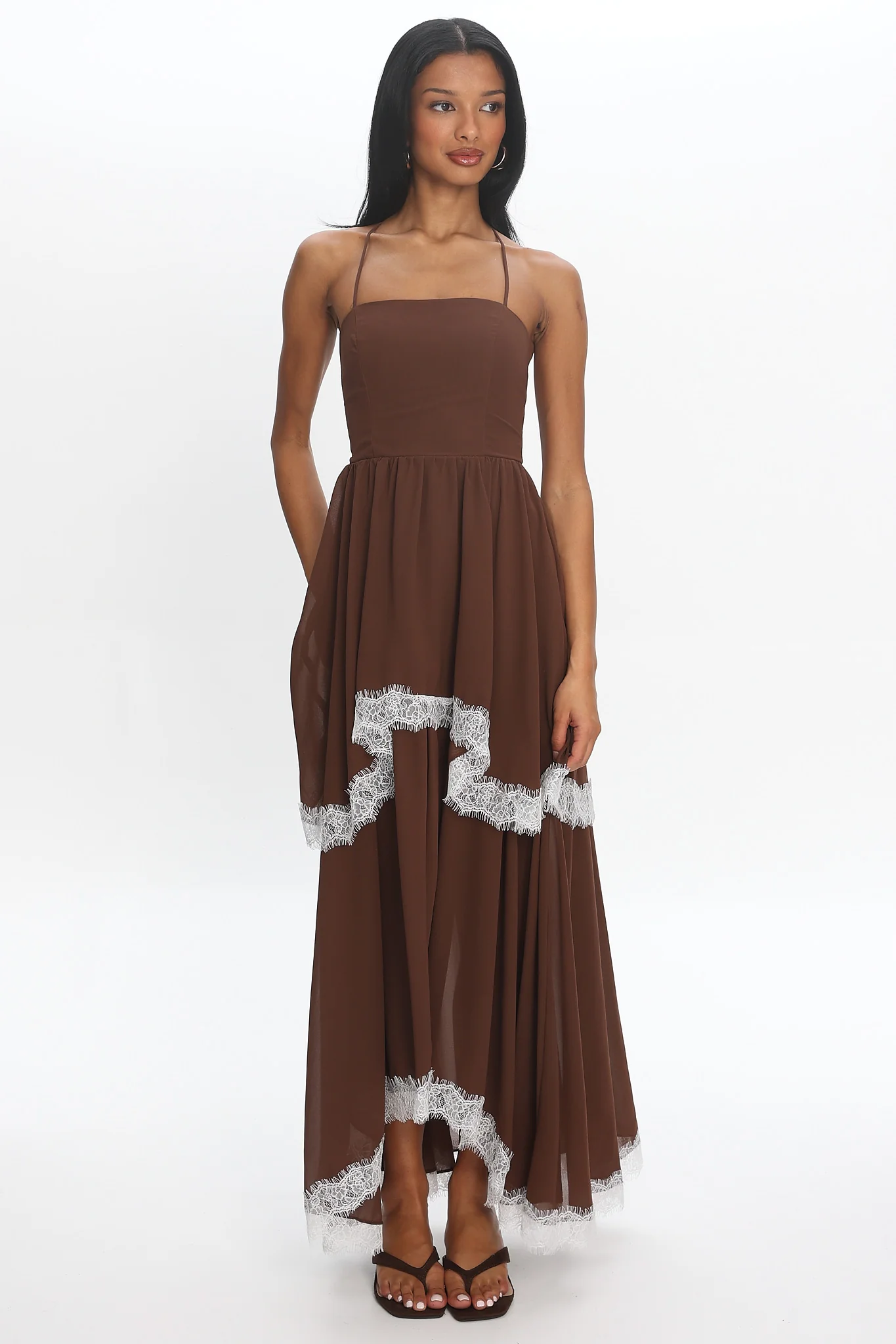 Sunrise on Sunset Lace Trim Maxi Dress Chocolate - luluinthesky