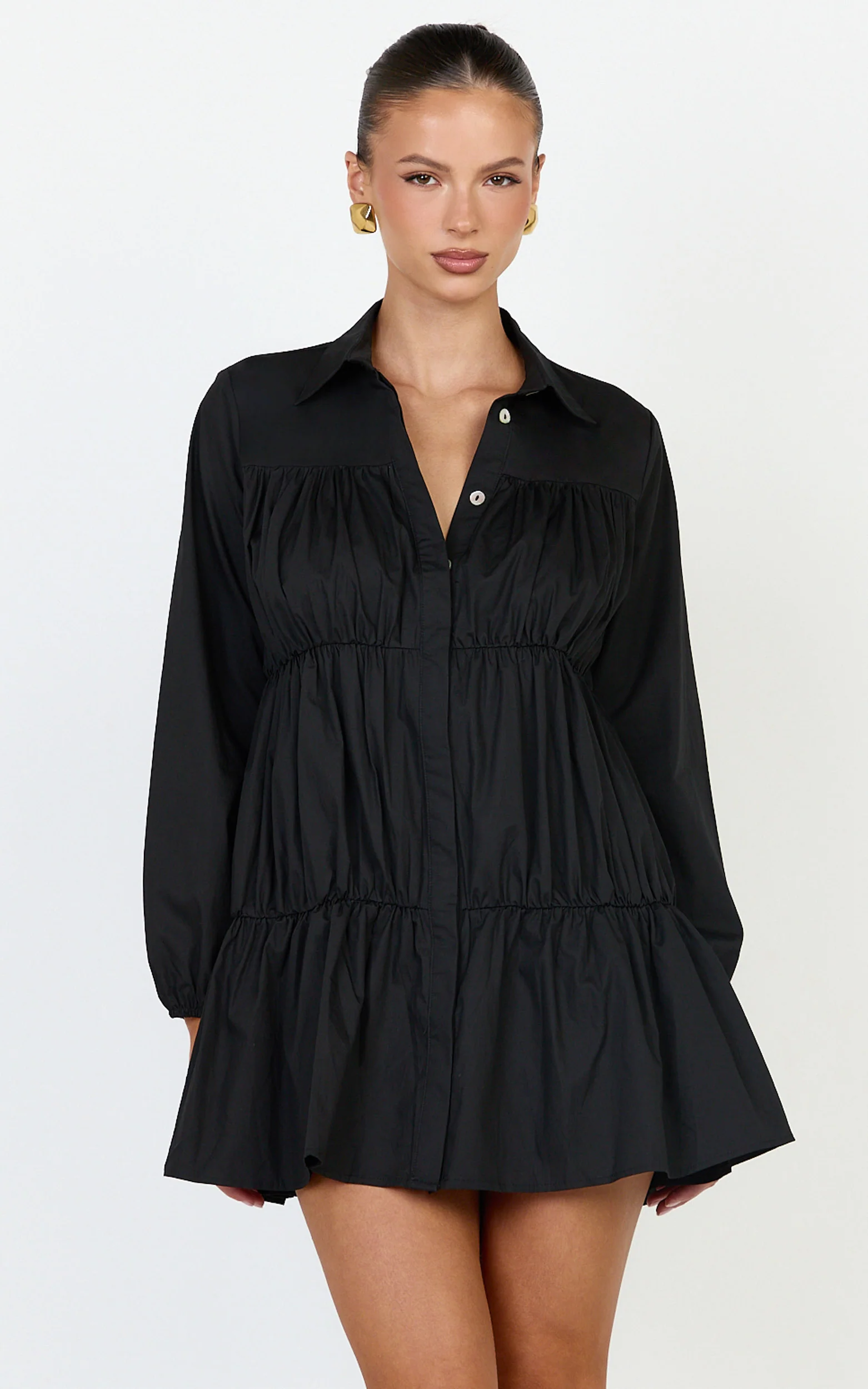 Elodie Mini Dress - Button Down Ruched Tiered Smock Dress in Black