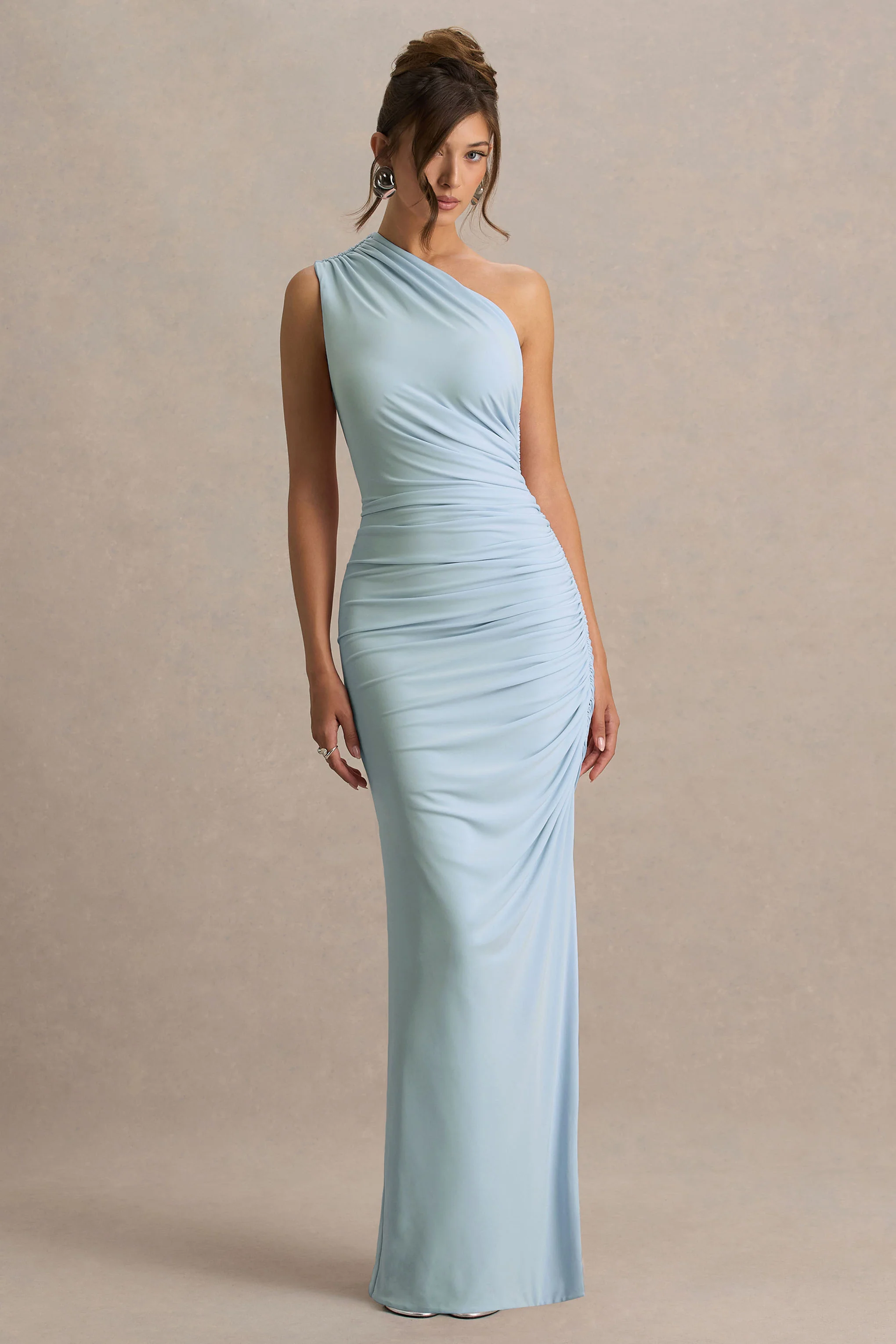 Daphne | Powder Blue Asymmetric-Neck Maxi Dress With Ruched Detailing