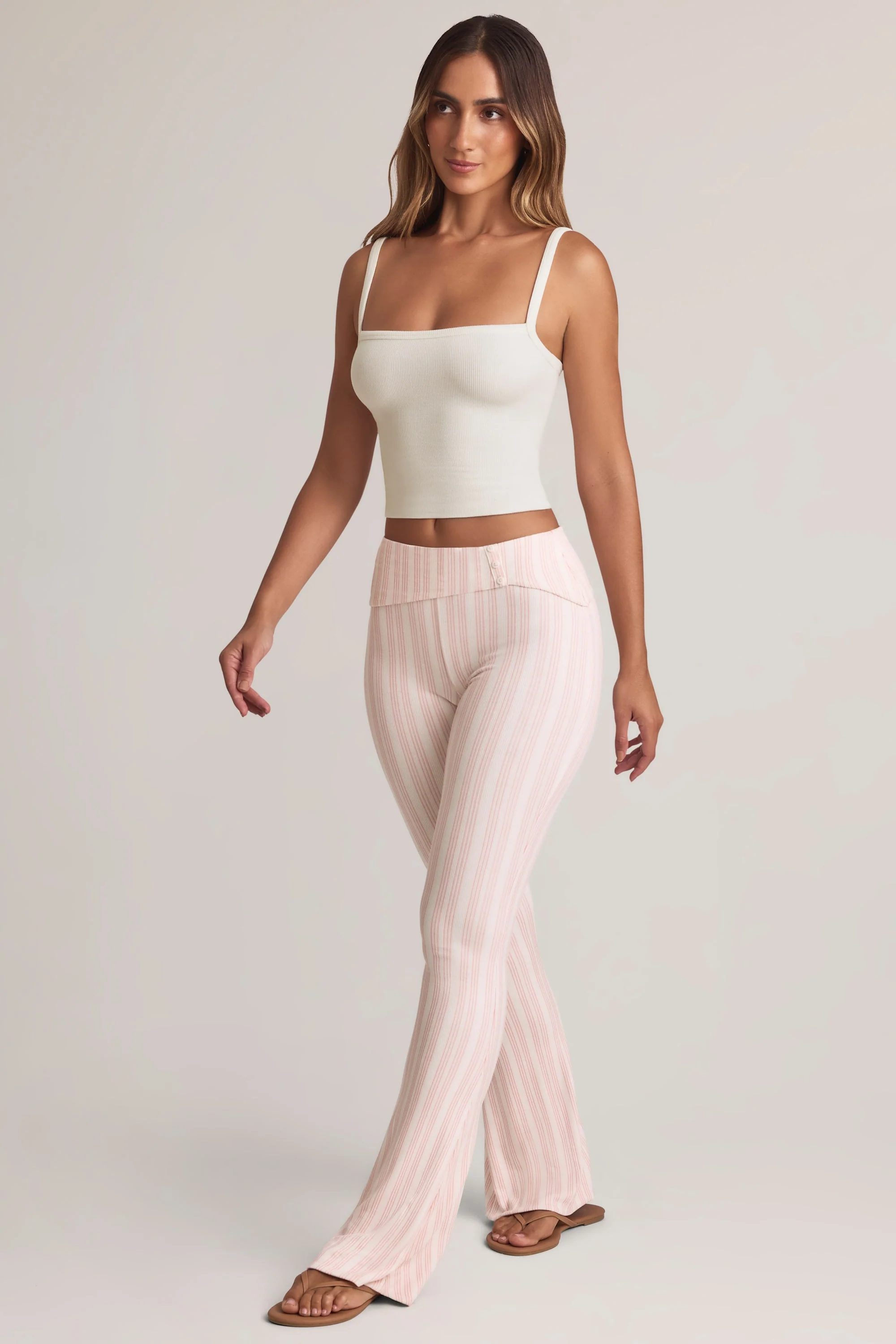 Modal Foldover Mid-Rise Flared Trousers in Stripe Print