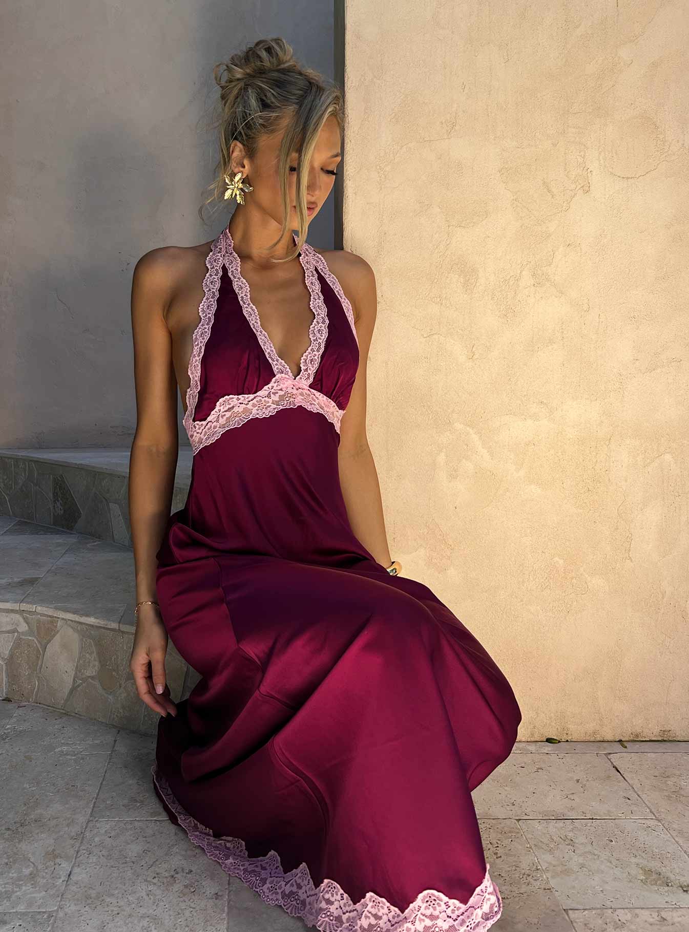 Mariela Lace Trim Maxi Dress Burgundy