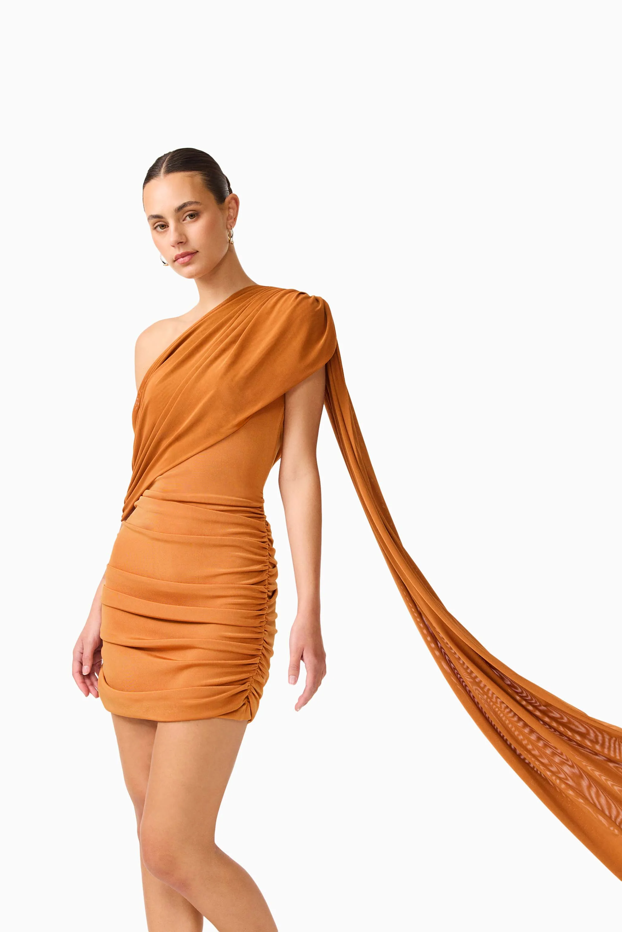 CURAAE Roya Asymmetric Mini Dress in Caramel Brown