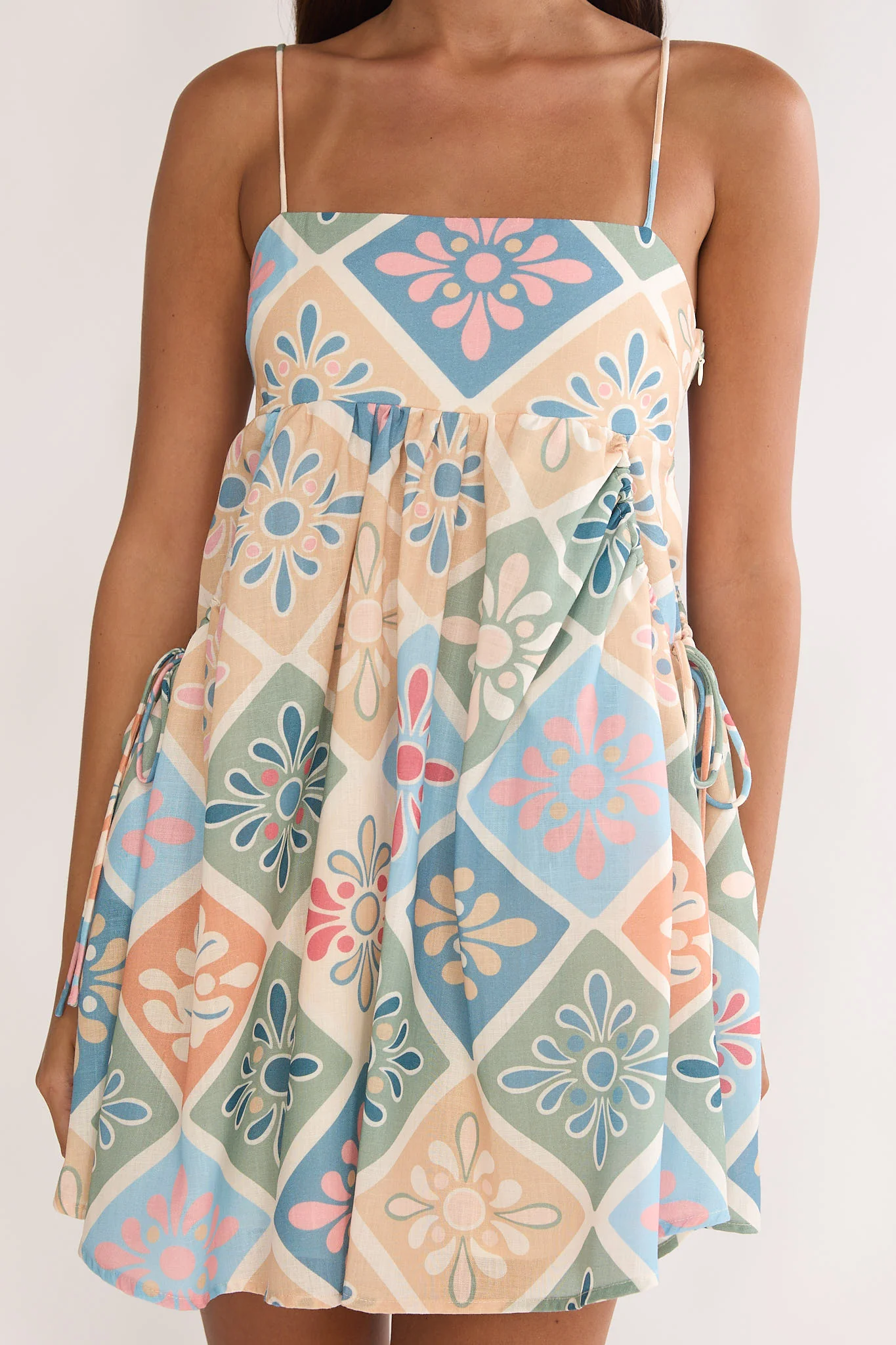 Terenza Tied Back Baby Doll Mini Dress Green Multi - luluinthesky