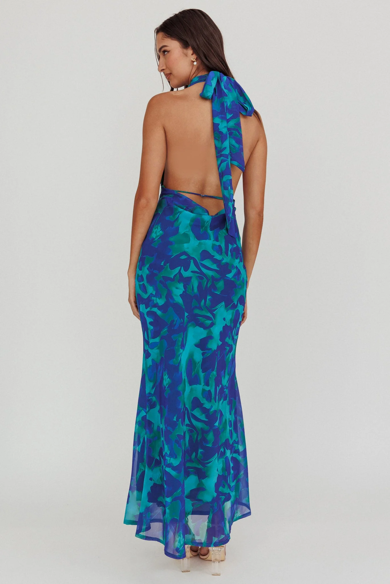 Italia Azure Halterneck Maxi Dress Abstract Blue
