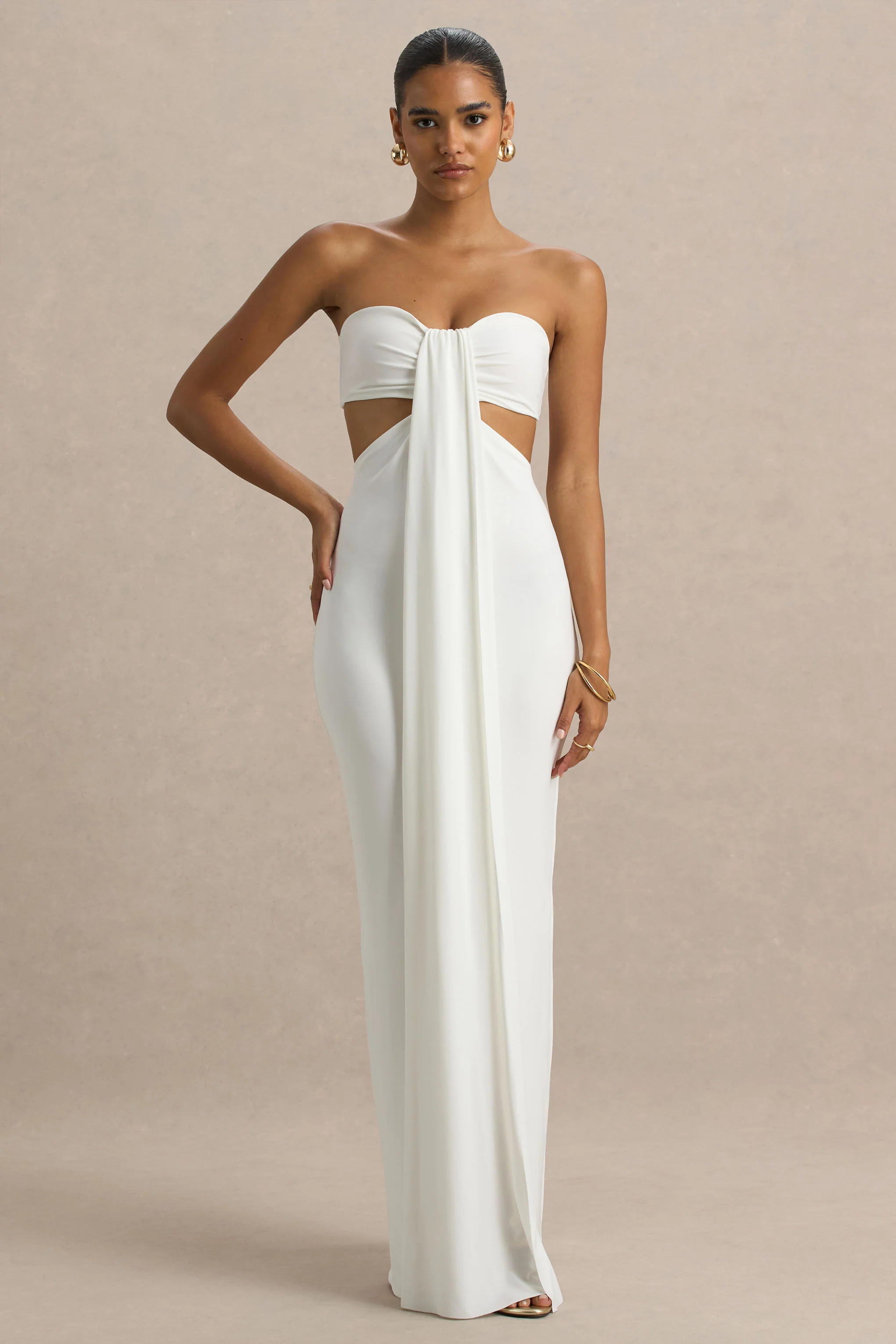 Elixir | Cream Sweetheart-Neck Maxi Dress with Cut-Out Details