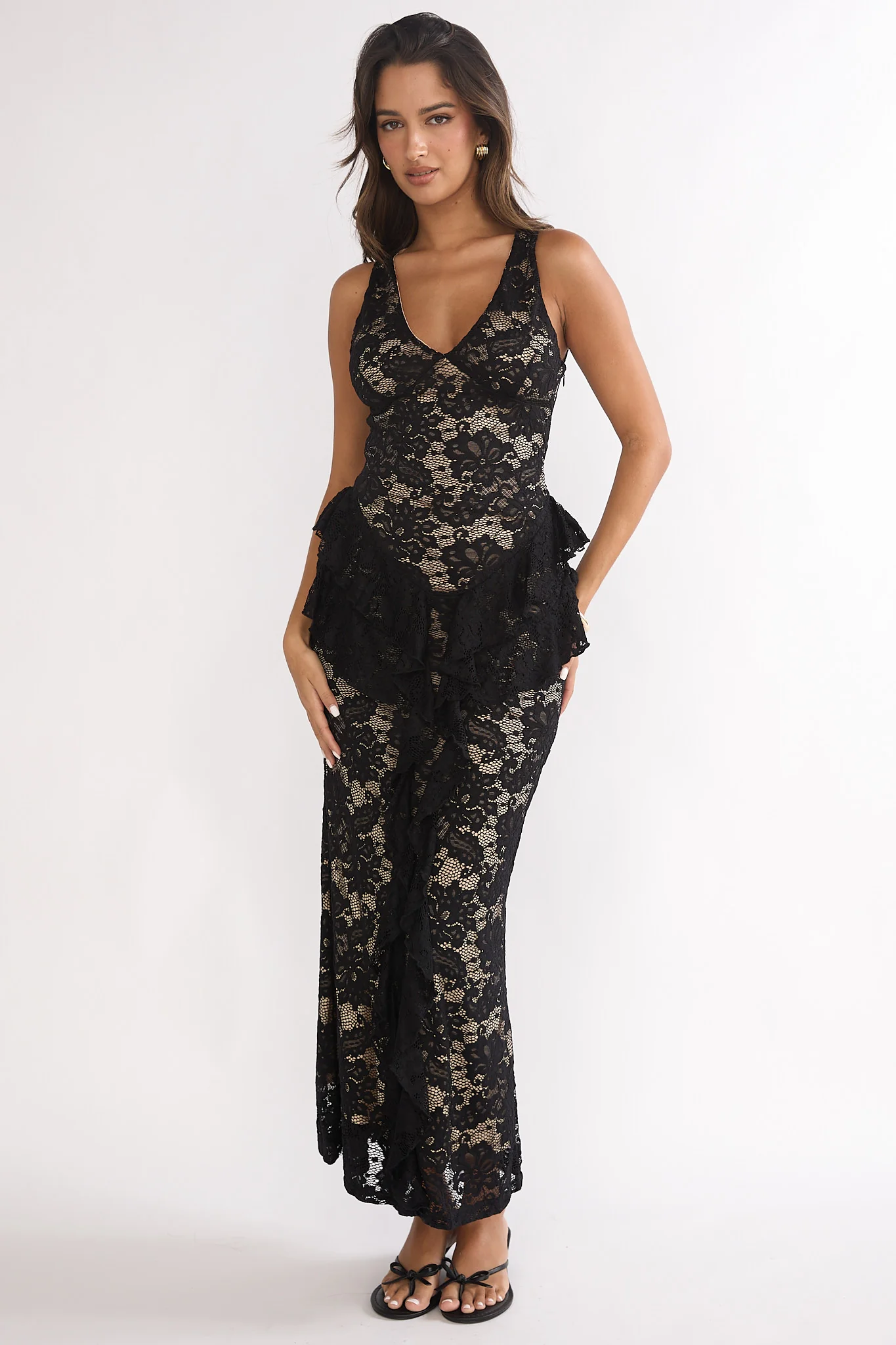 Serenella Peplum Lace Maxi Dress Black - luluinthesky