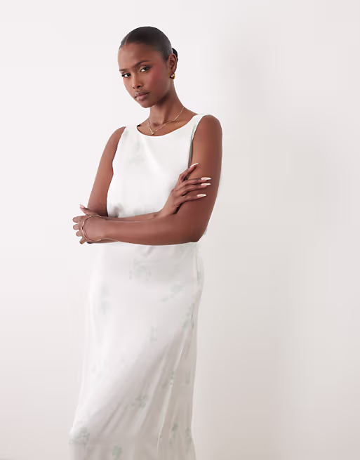 AWARE cowl neck satin maxi dress in white with light green floral