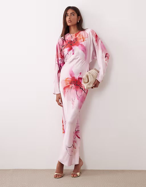 satin batwing maxi dress in pink floral print