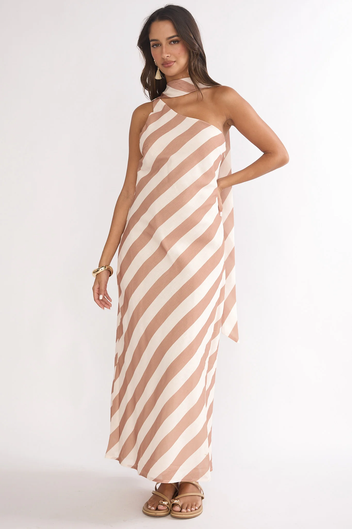 Mirona One Shoulder Scarf Maxi Dress Stripe Camel