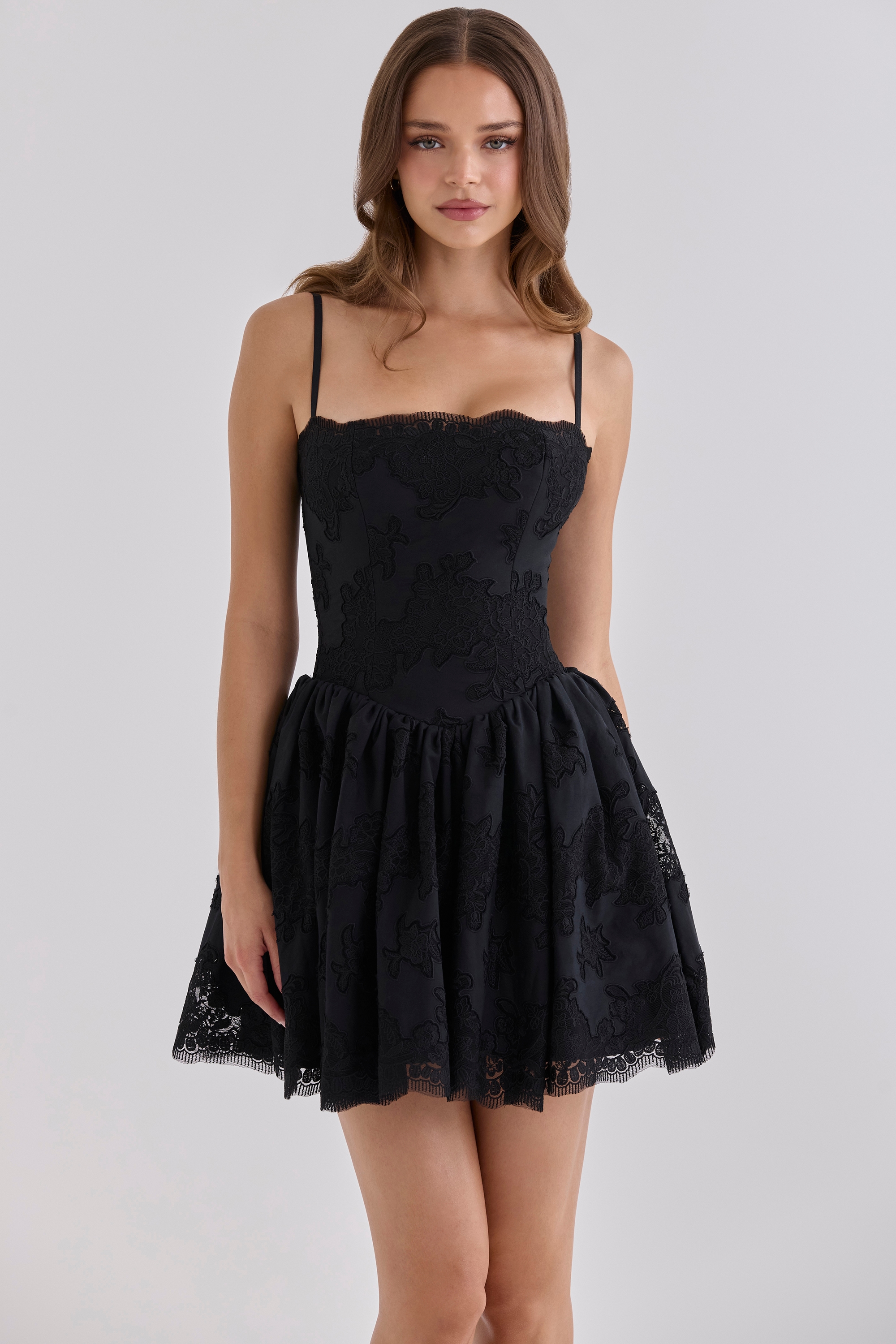 Black Custom Lace + Broderie Anglaise Cotton Mini Dress
