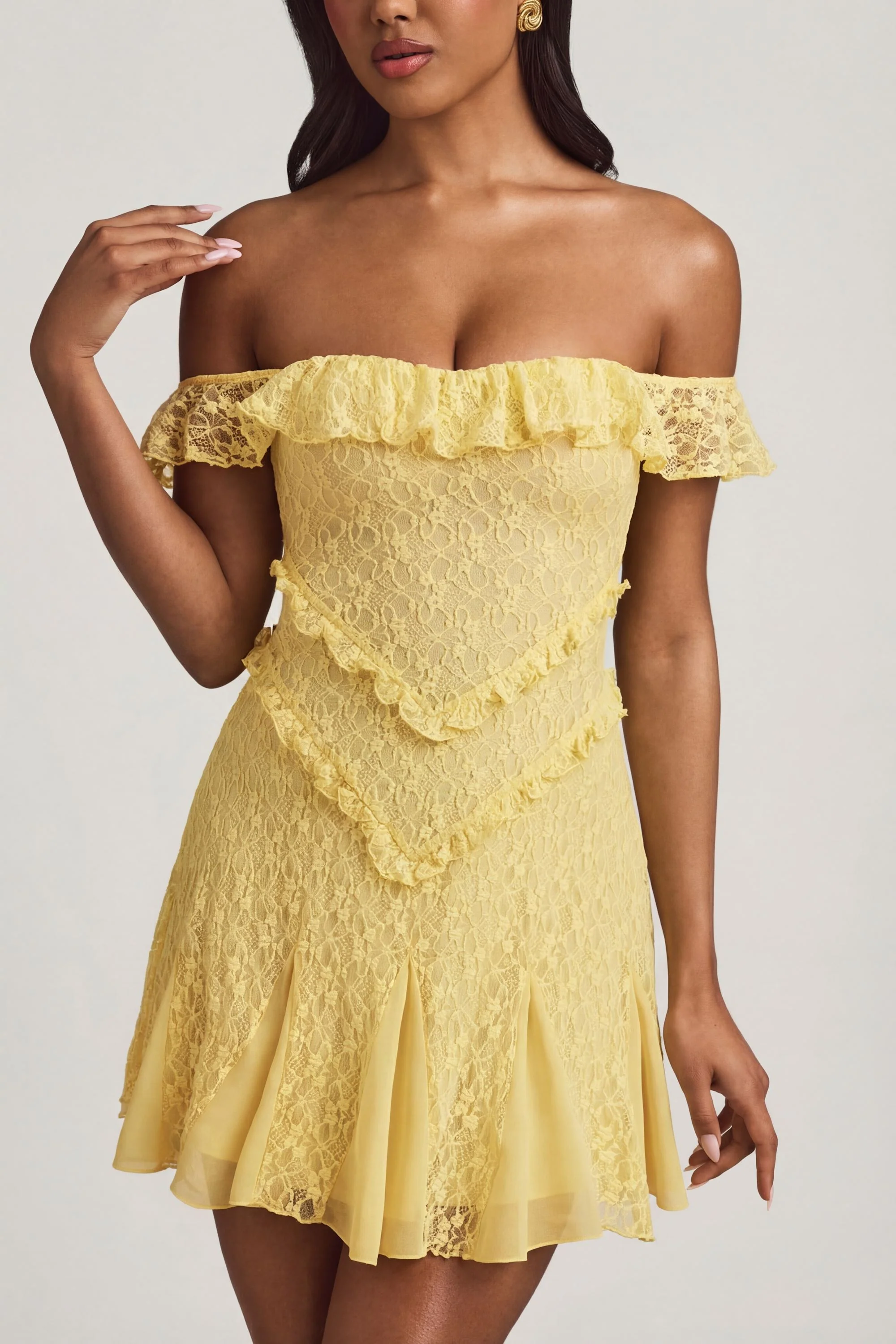 Off-Shoulder Lace A-Line Mini Dress in Pastel Yellow