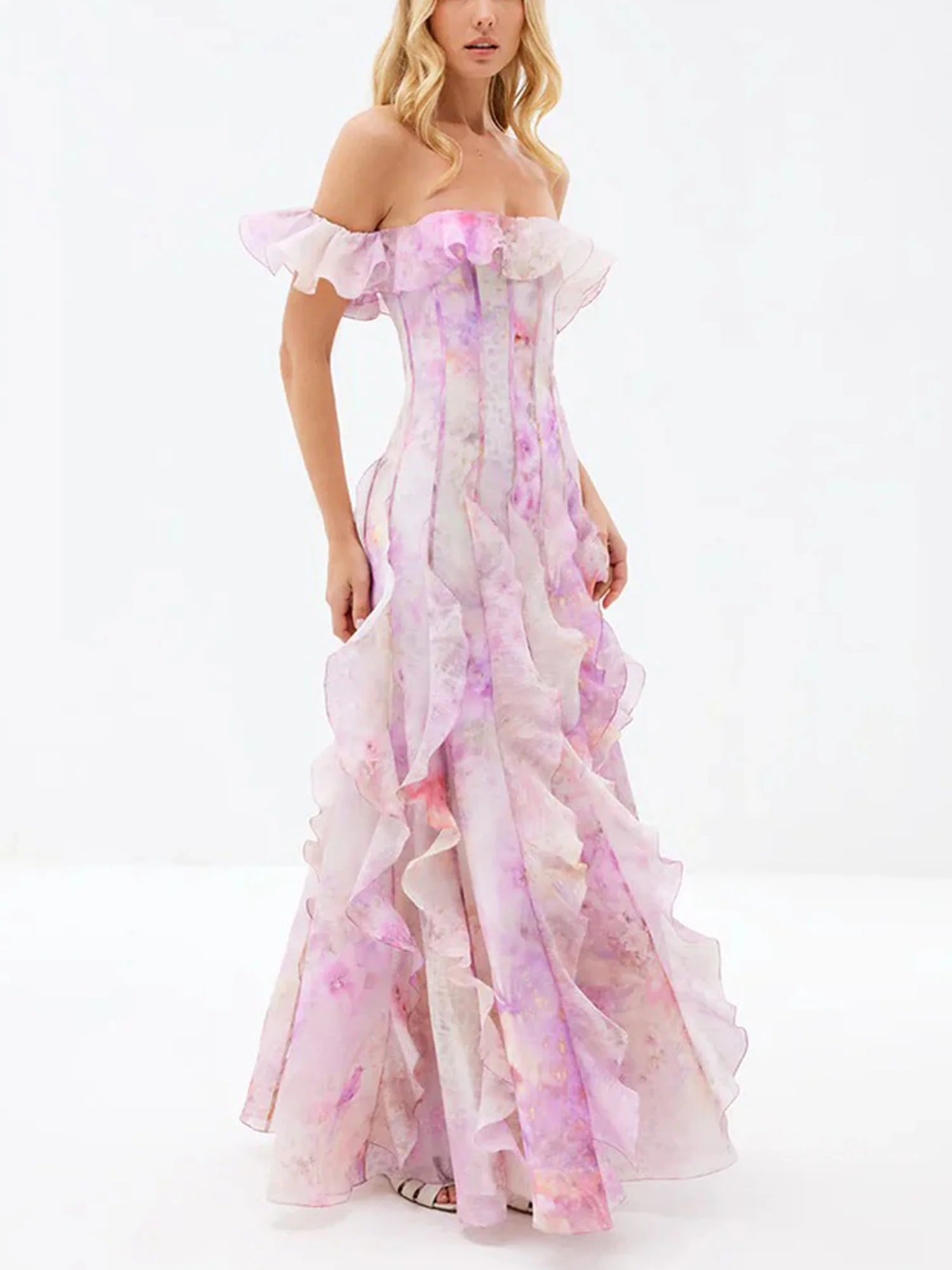 Lavender Off-Shoulder Ruffle Maxi Dress