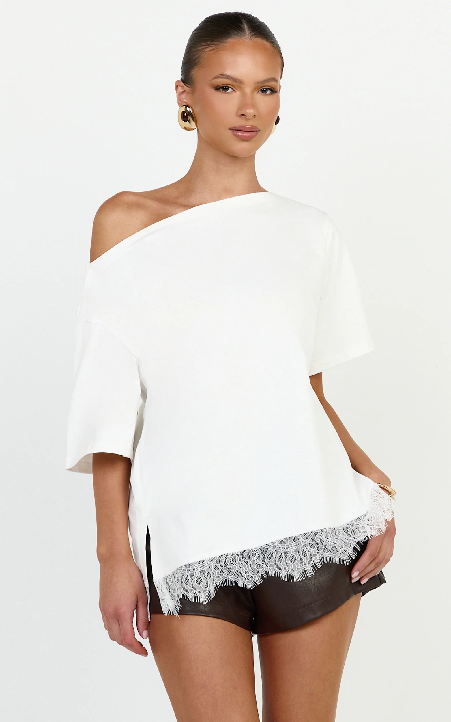 Lyra Top - Asym Lace Trim Tee in White