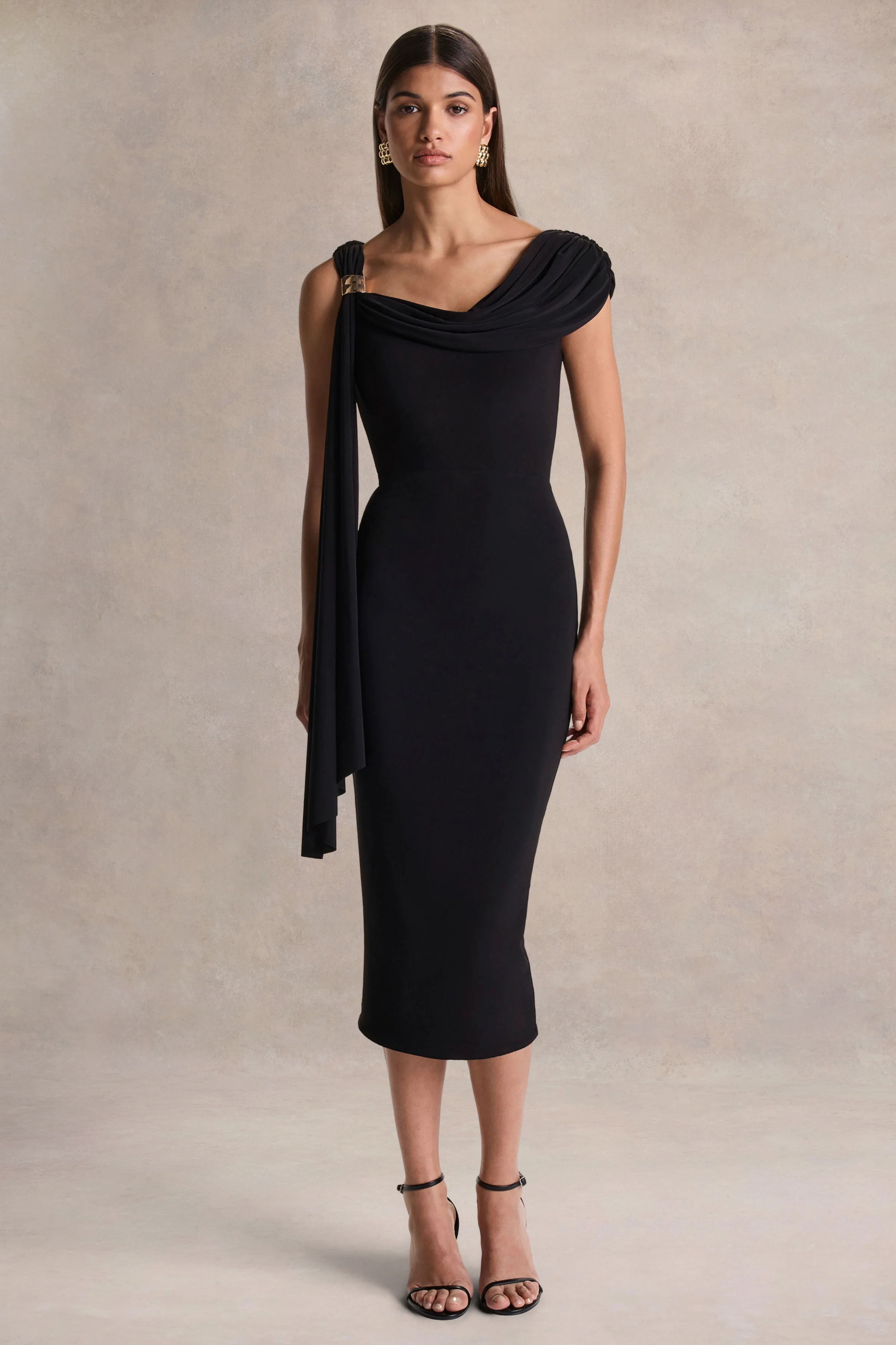 Mirelda | Black Asymmetric-Neck Midi Dress With Gold-Detail