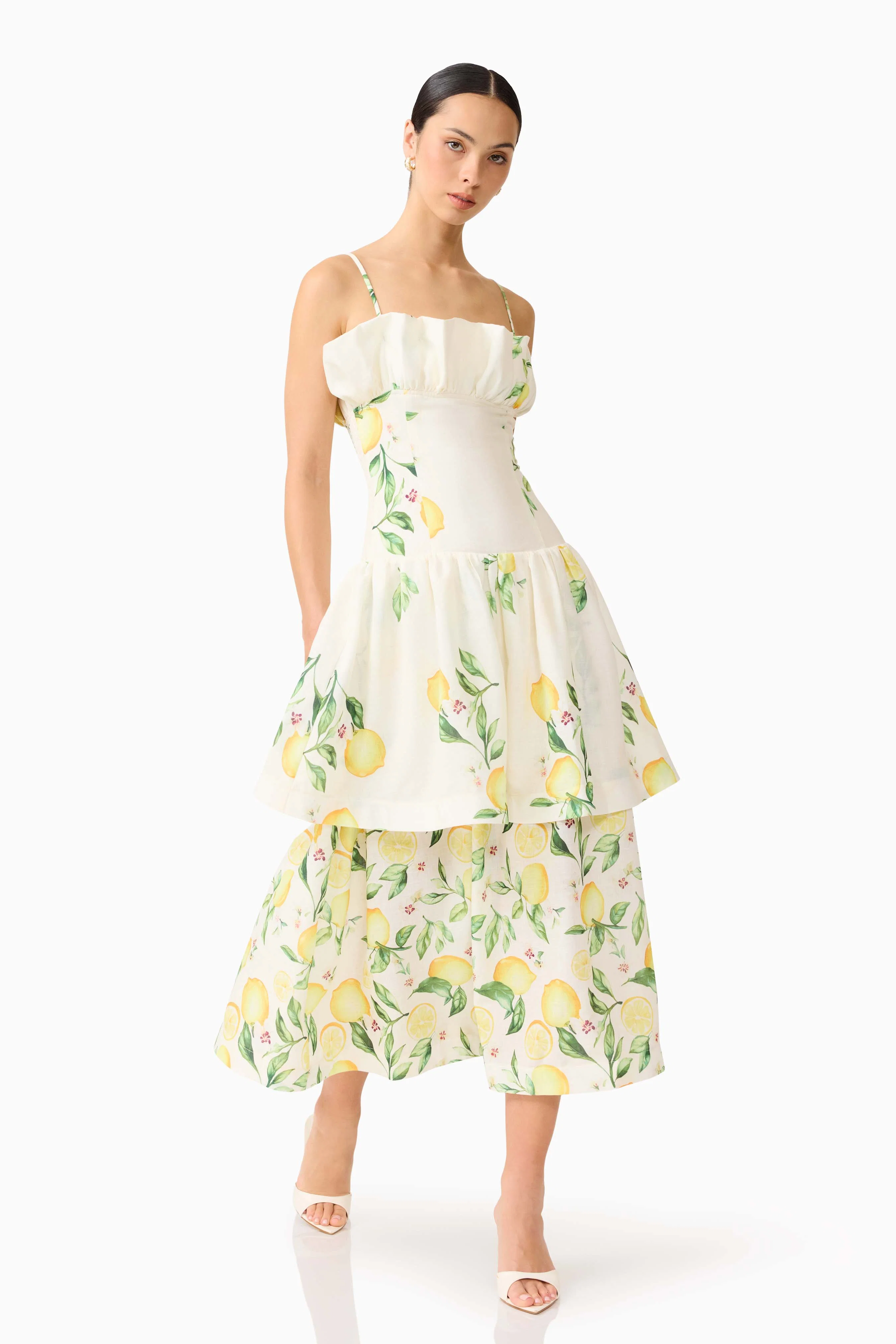 Hana Tiered Maxi Dress in Lemon Print
