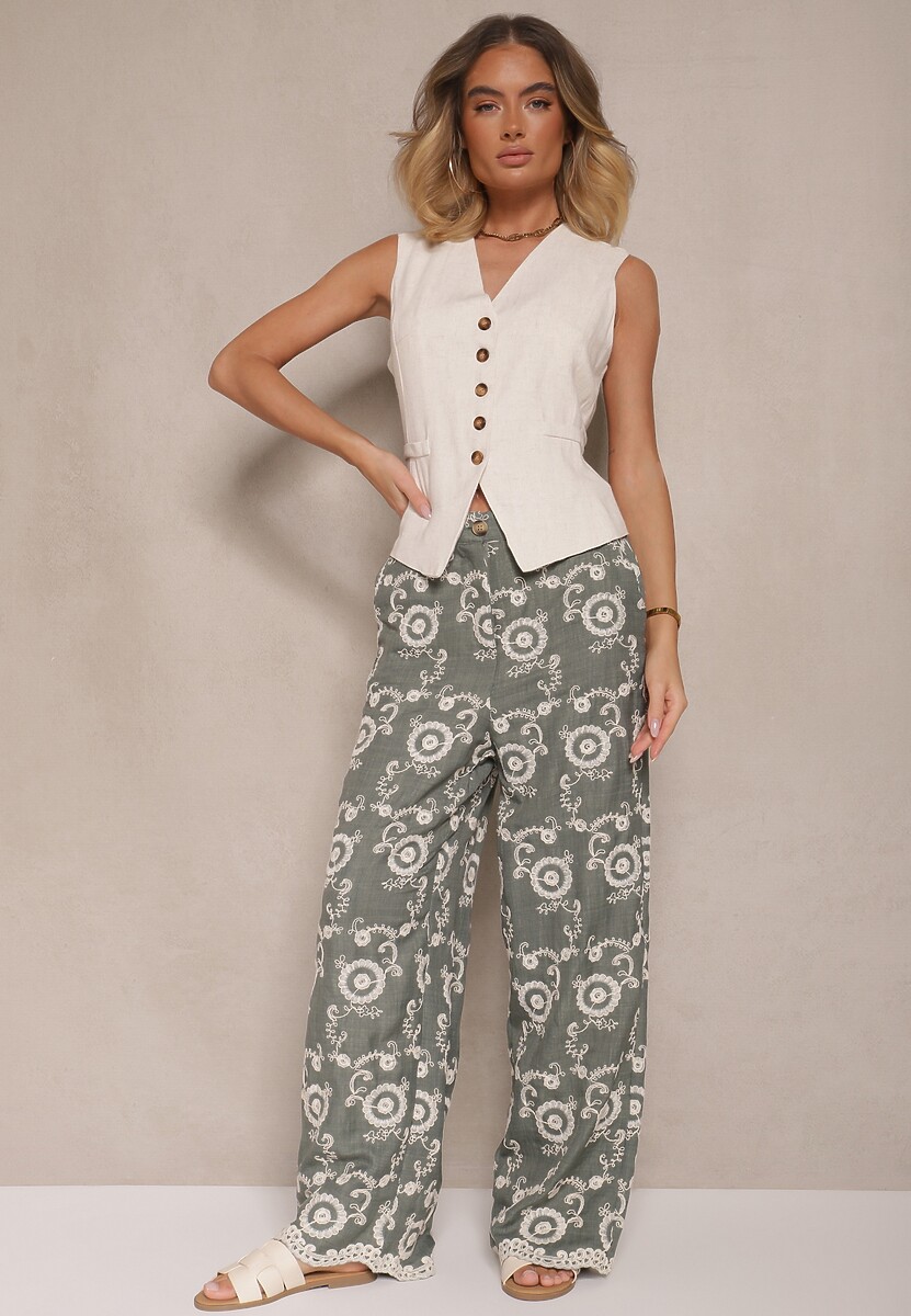 Beżowe Spodnie o Szerokim Kroju High Waist Ozdobione Haftem Issedi