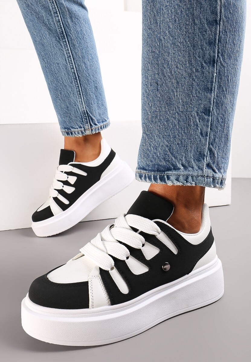 Biało-Czarne Sneakersy na Grubej Podeszwie przed Kostkę Alisis