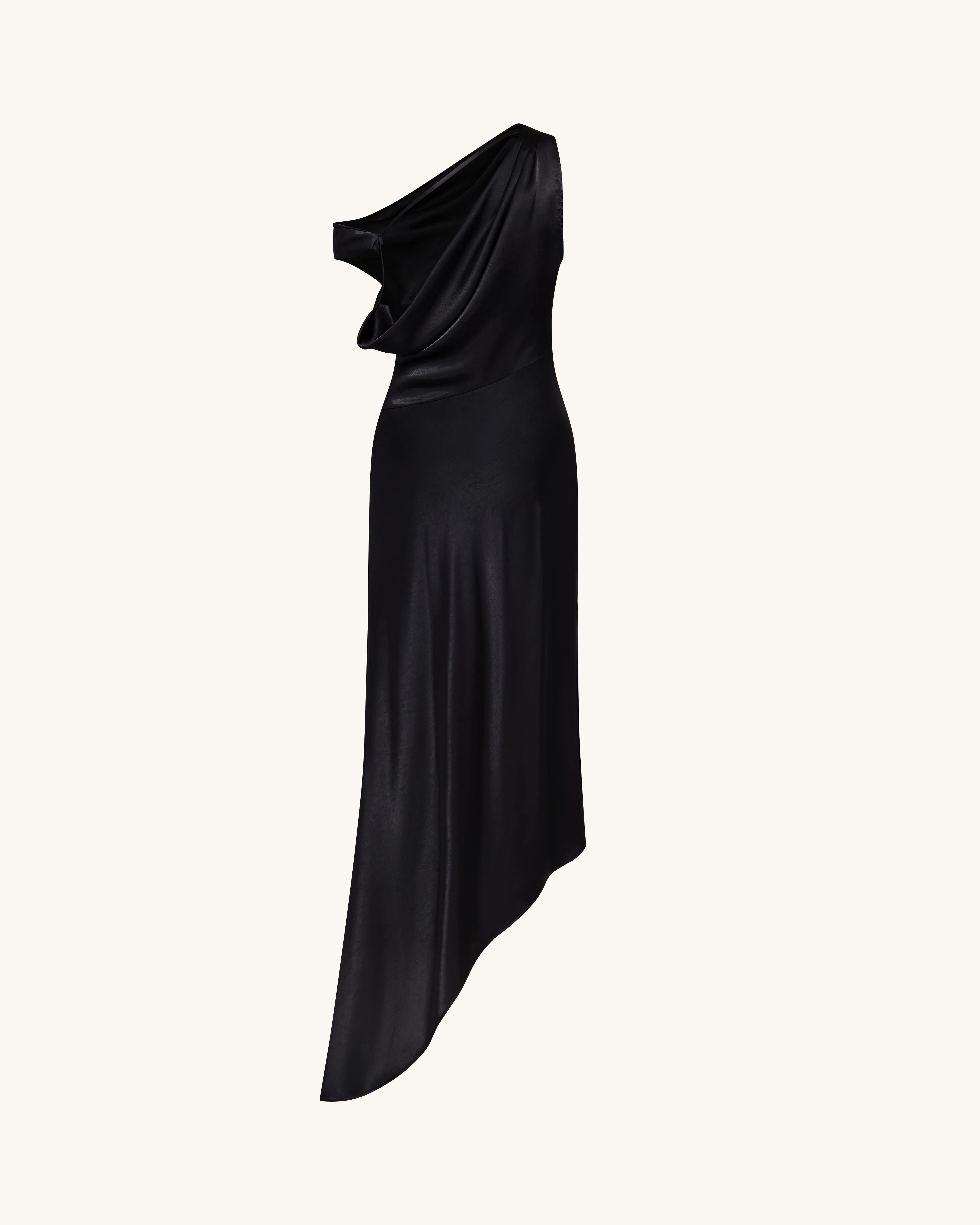 Satin Draped One-Shoulder Asymmetric Dress - Black - FASHION NOB