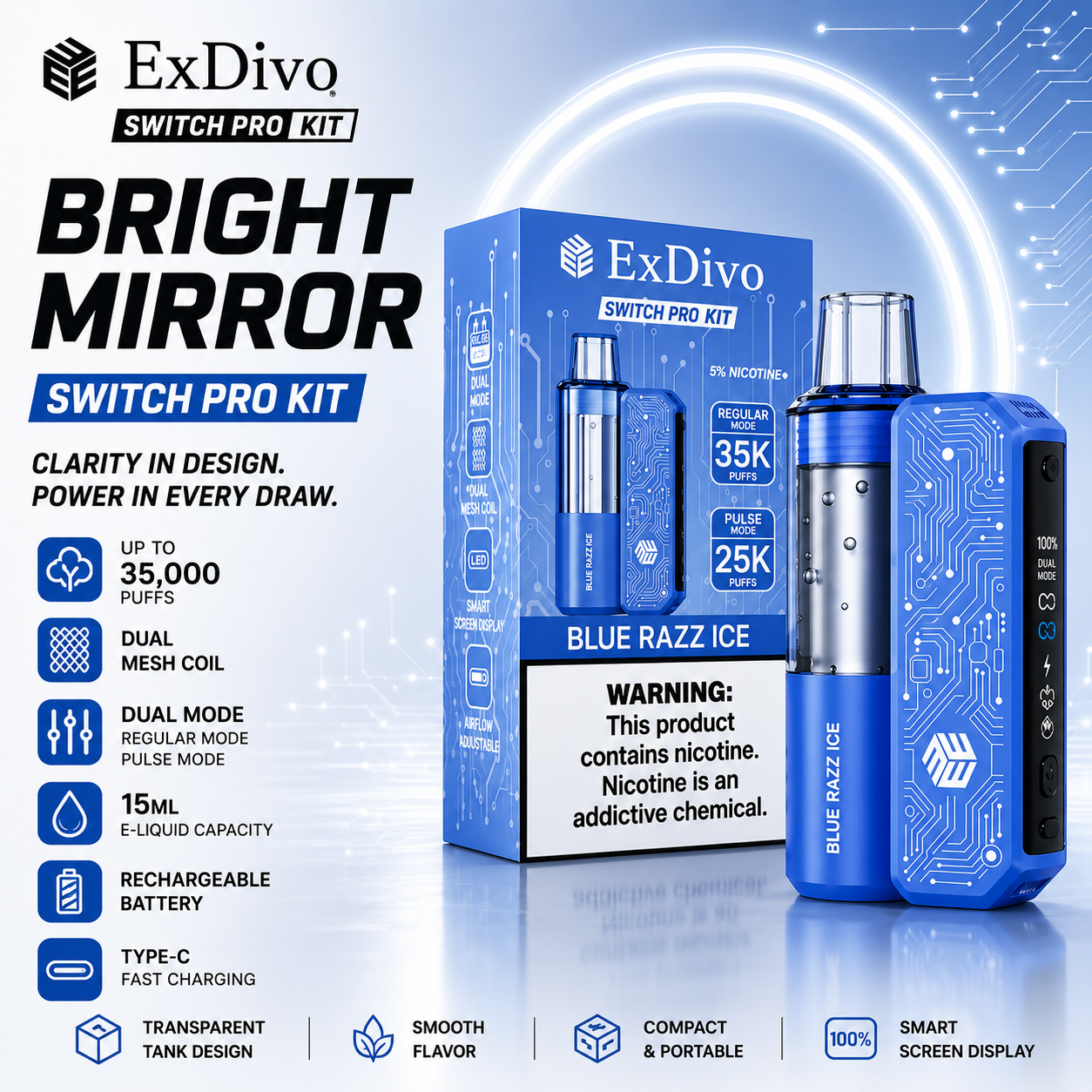 BLUE RAZZ ICE - ExDivo BRIGHT MIRROR 35K Replaceable VAPE kit