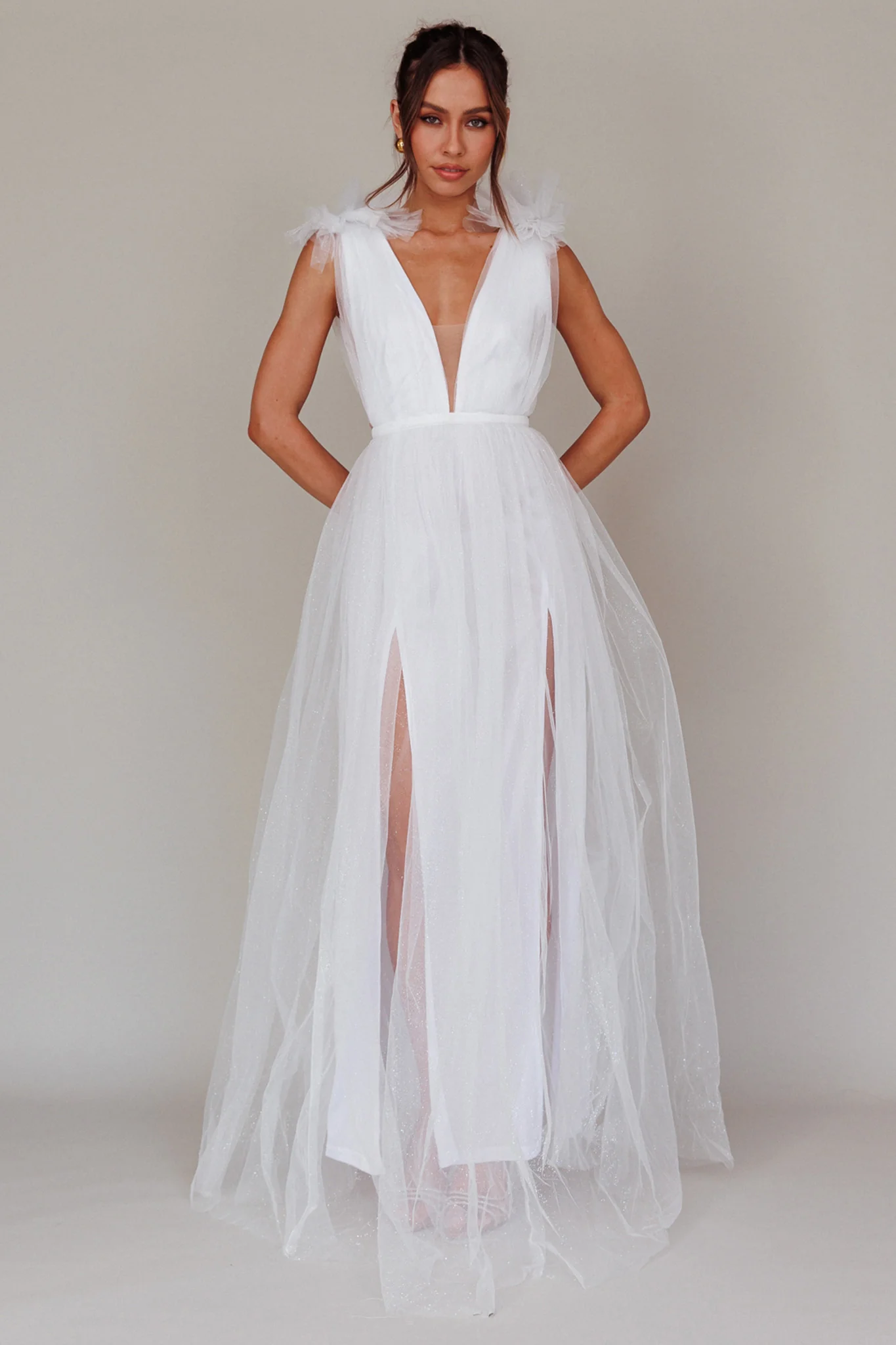 Ludivine Shoulder Accent Mesh Midi Dress Glitter White