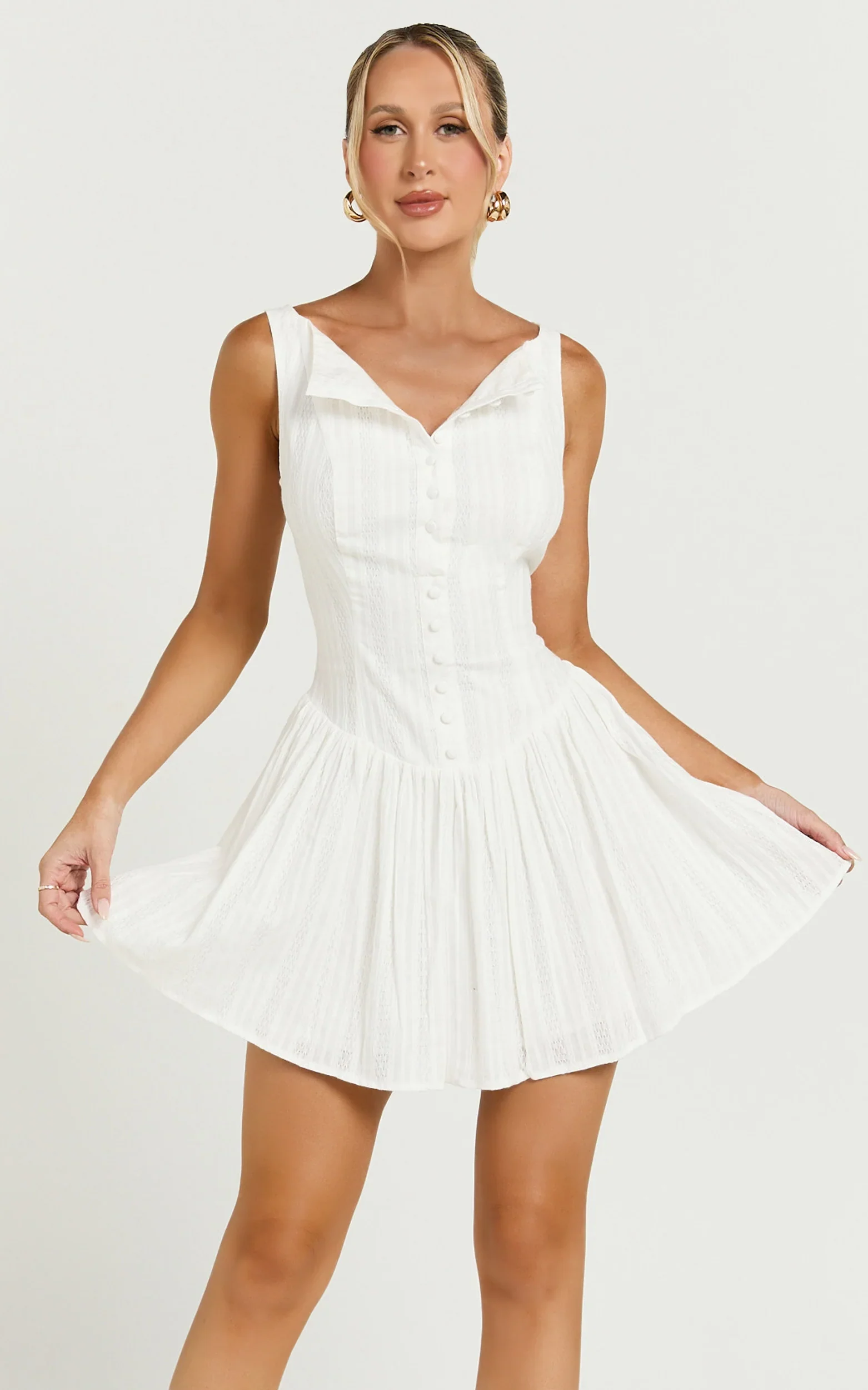 Zhai Mini Dress - High Neck Button Through Dress in Ivory