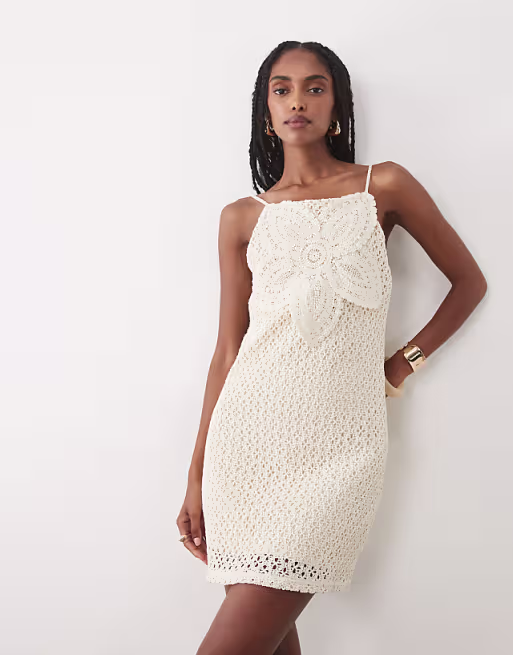 Mango cotton rich knit halterneck mini dress with statement flower in beige