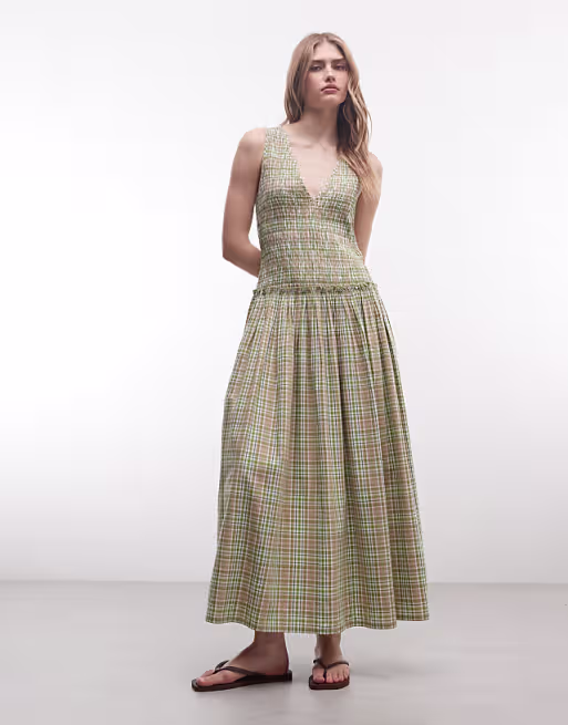 COLLUSION shirred v-neck maxi dress in green plaid