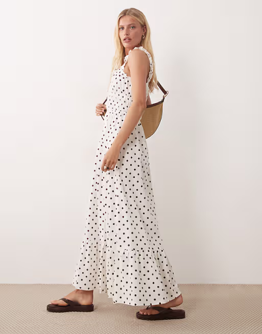 Miss Selfridge polka dot seersucker shirred detail maxi dress