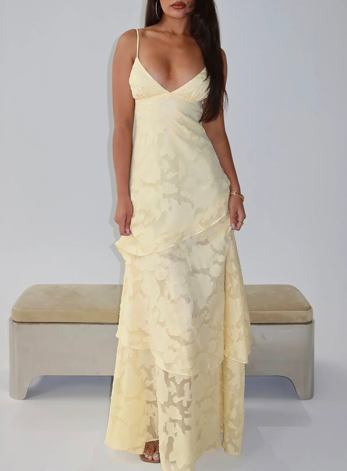 Lyricah Tiered Tie Back Maxi Dress Yellow - luluinthesky
