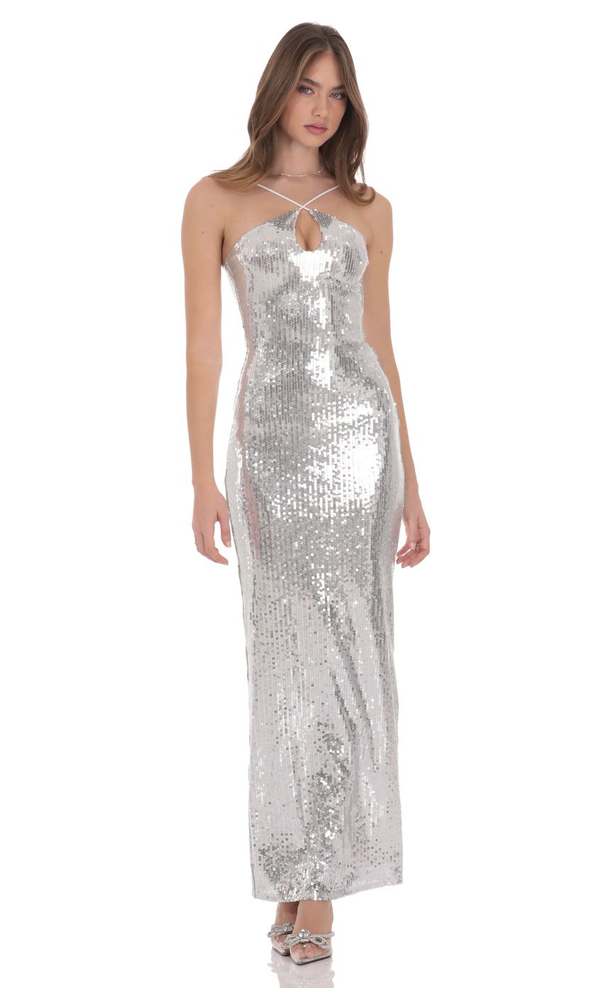 Sequin Keyhole Maxi Dress in Silver