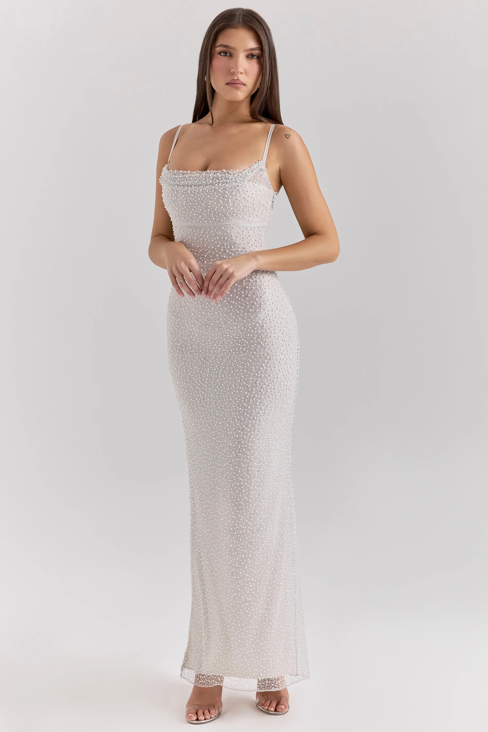 Silver Pearl Embellished Maxi Dress