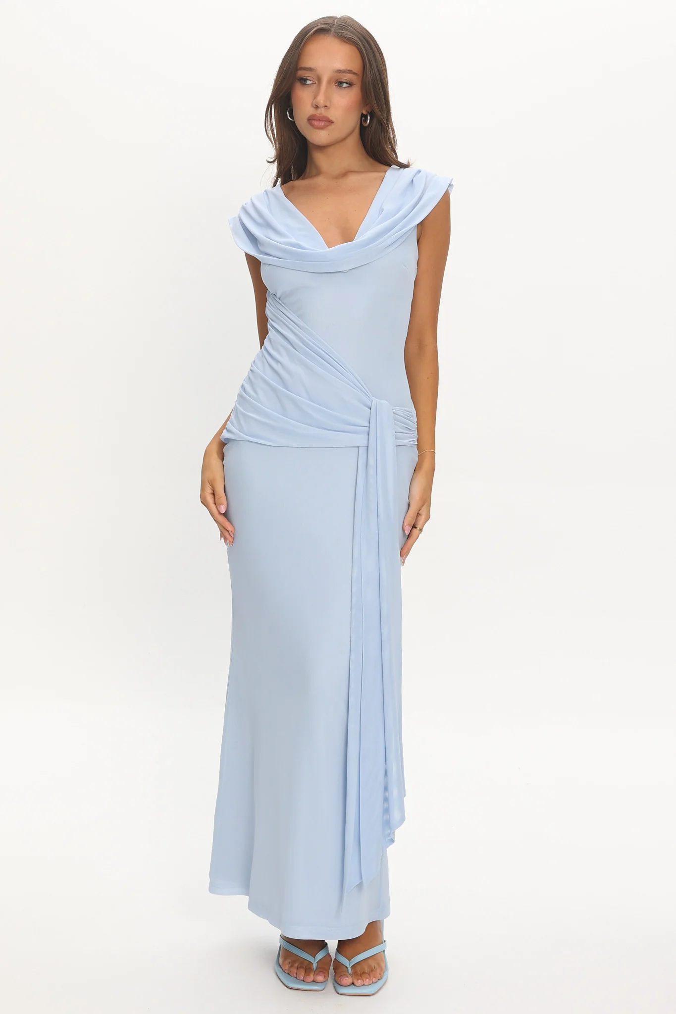Virgo Season Draped Shoulder Maxi Dress Baby Blue