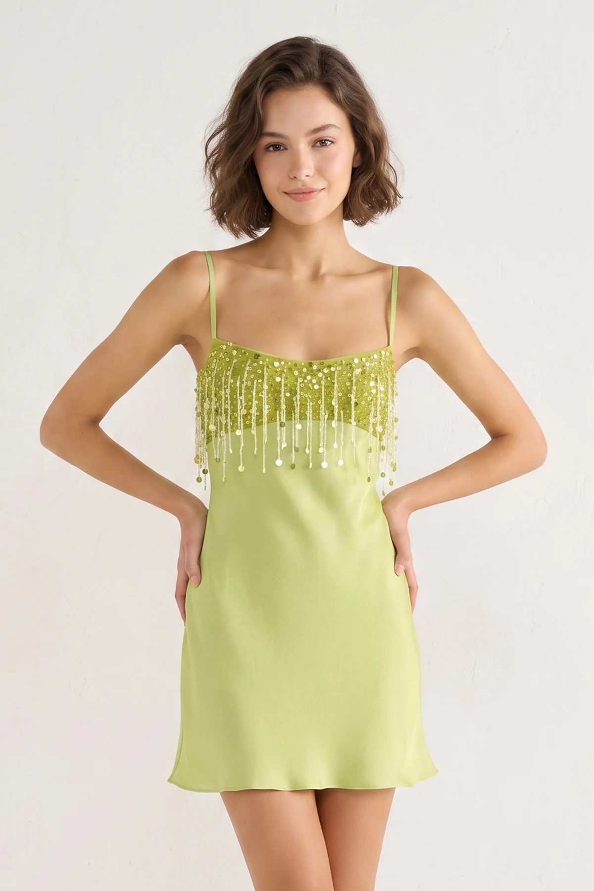 Lime Green Sheath Fringed Satin Homecoming Dress With Sequins