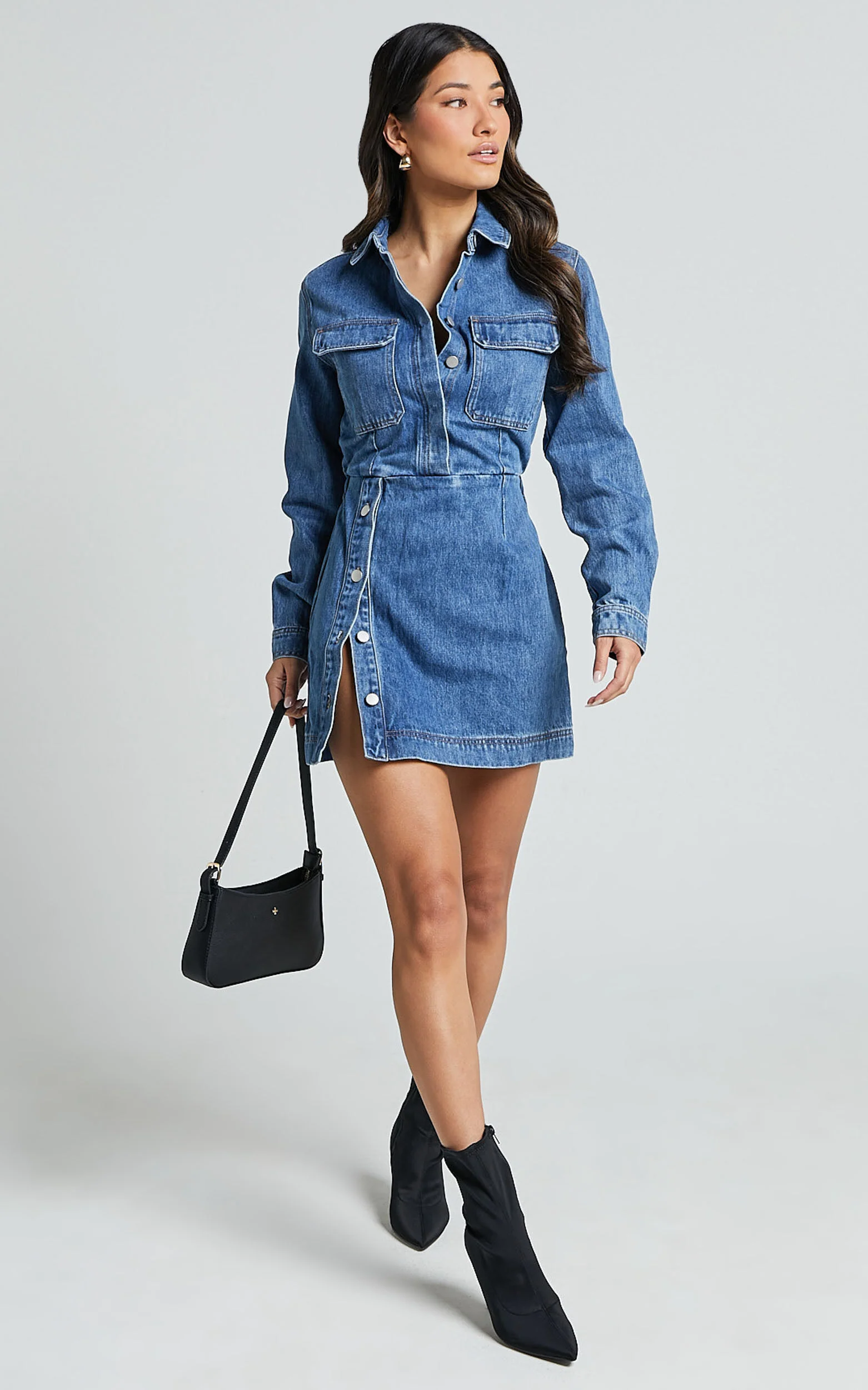 Ainsley Mini Dress - Button Through Long Sleeve Denim Dress in Mid Blue Wash