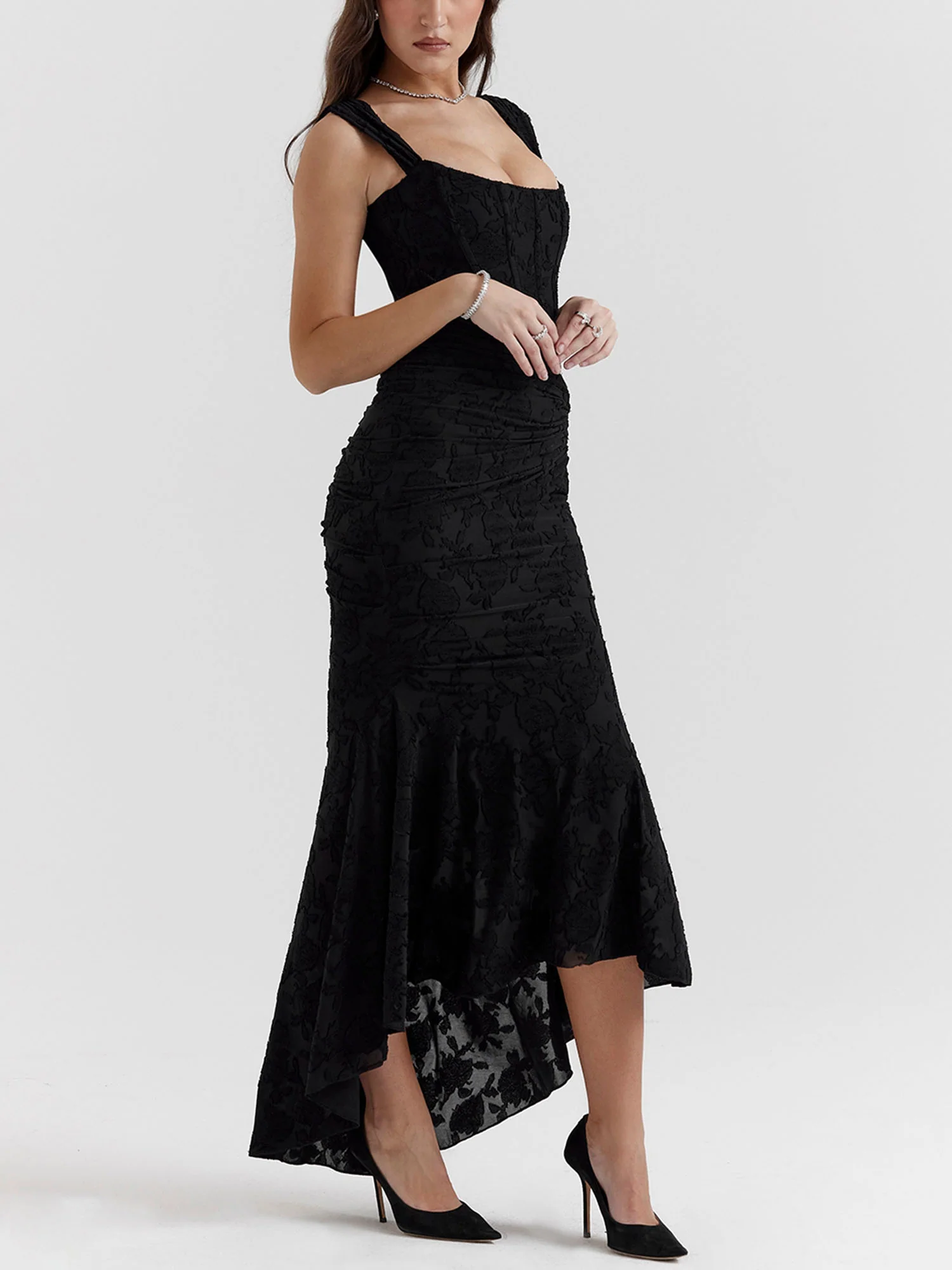 Black Textured Asymmetrical Midi Dress
