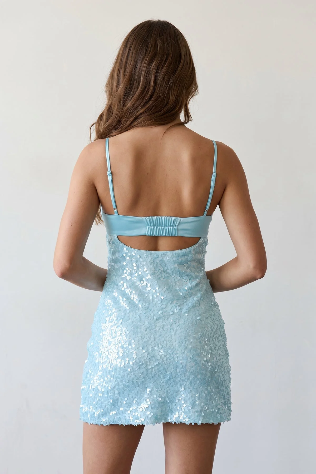Sky Blue Sparkly Spaghetti Straps Sheath Satin Homecoming Dress With Sequins