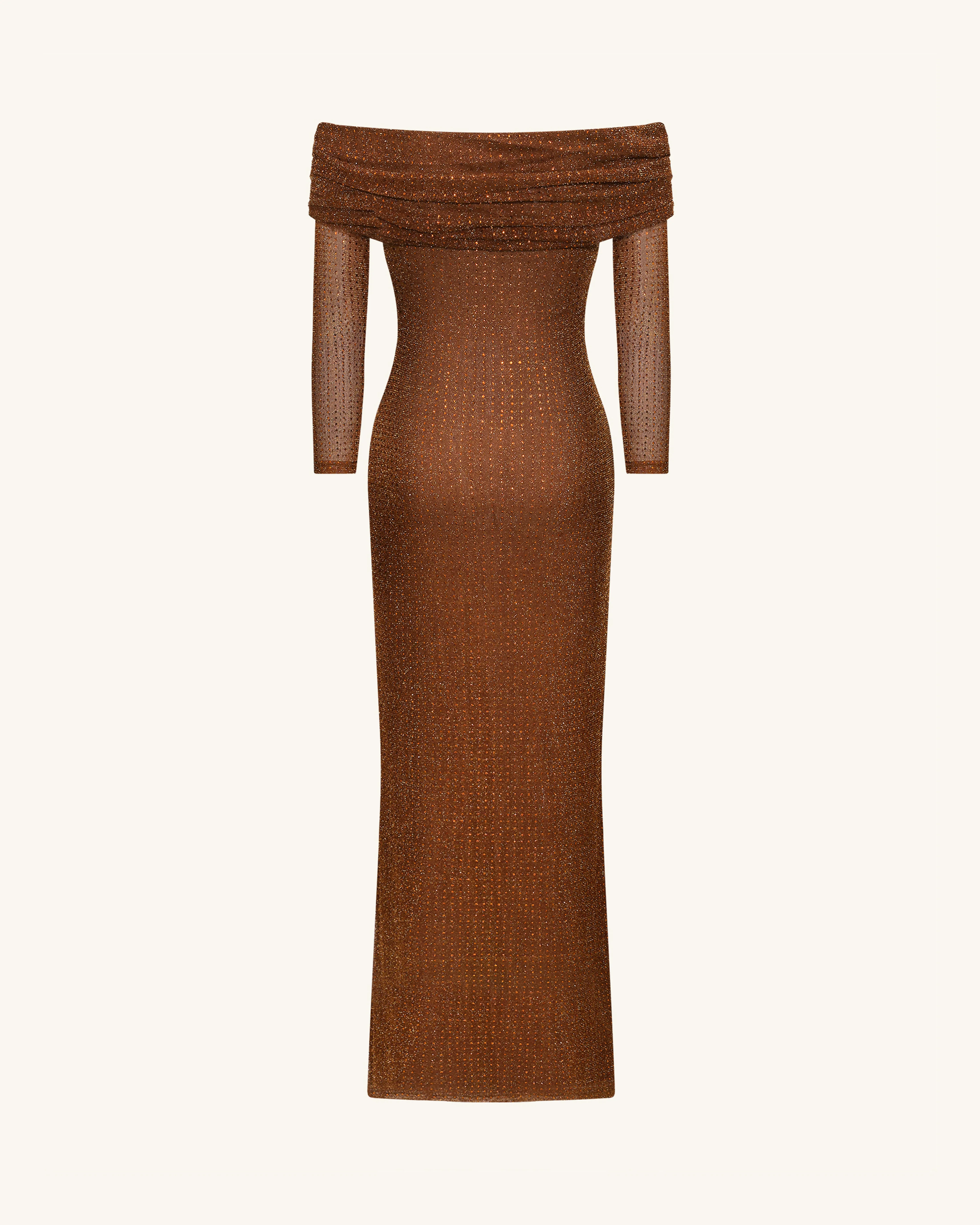 Rhinestone Mesh Off-Shoulder Maxi Dress - Brown - FASHION NOB